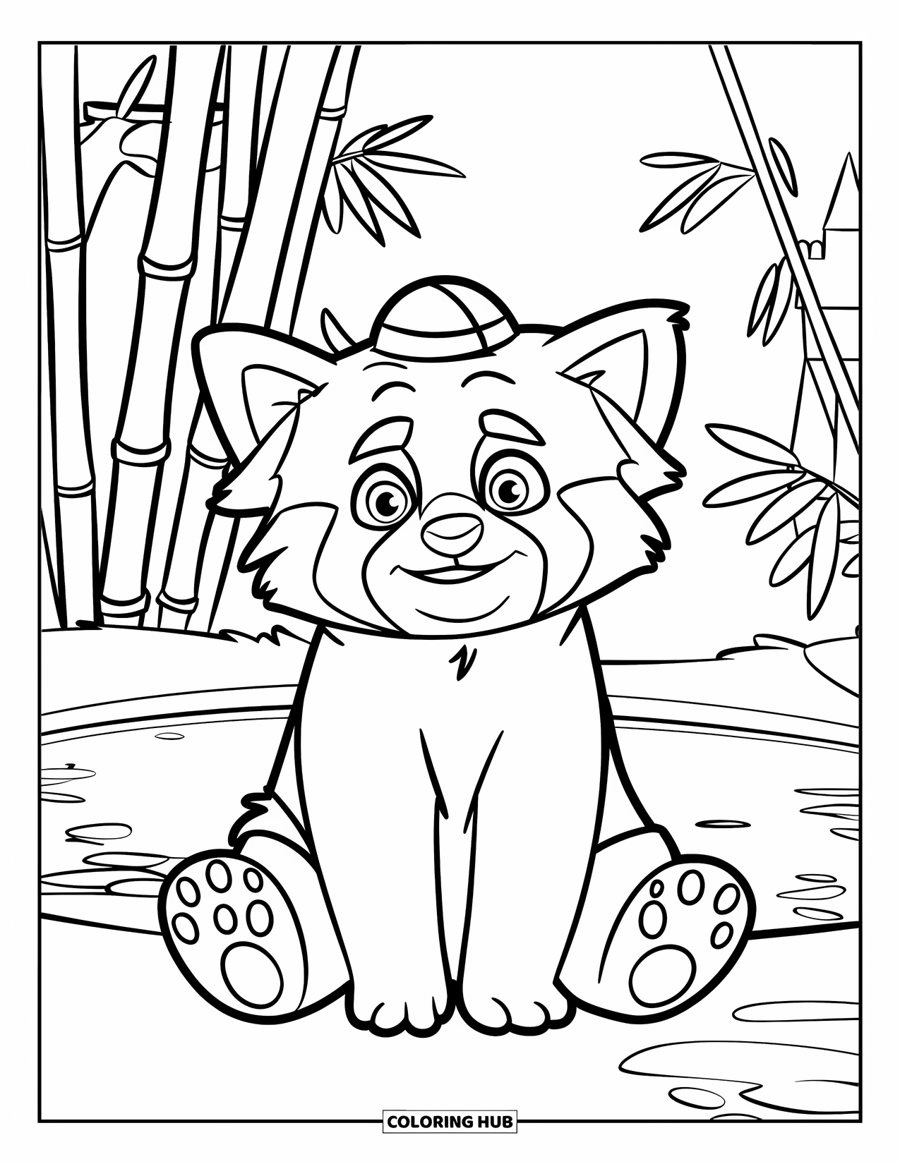 Red Panda Coloring Page for Kids: A red panda in a hat sits by a pond near a castle