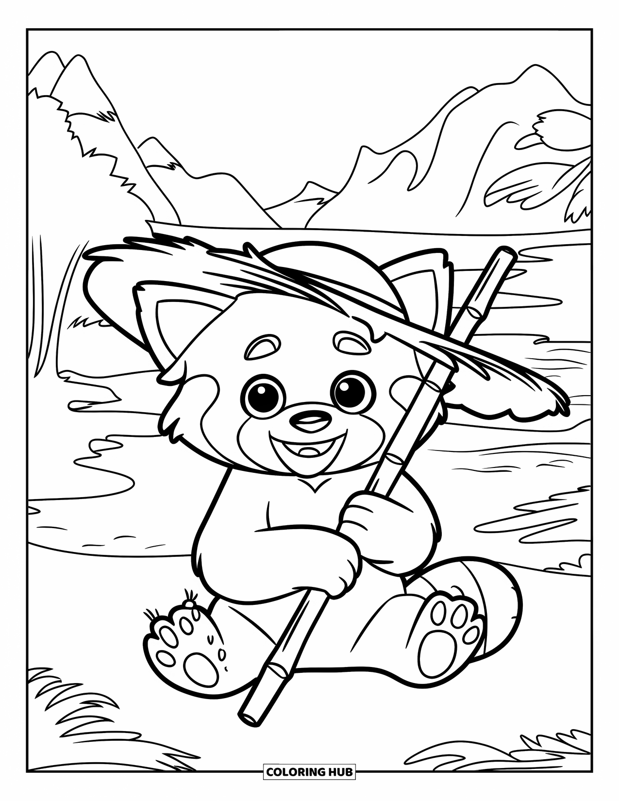 Red Panda Coloring Page for Kids: A red panda in a straw hat cuddles a large bamboo stick