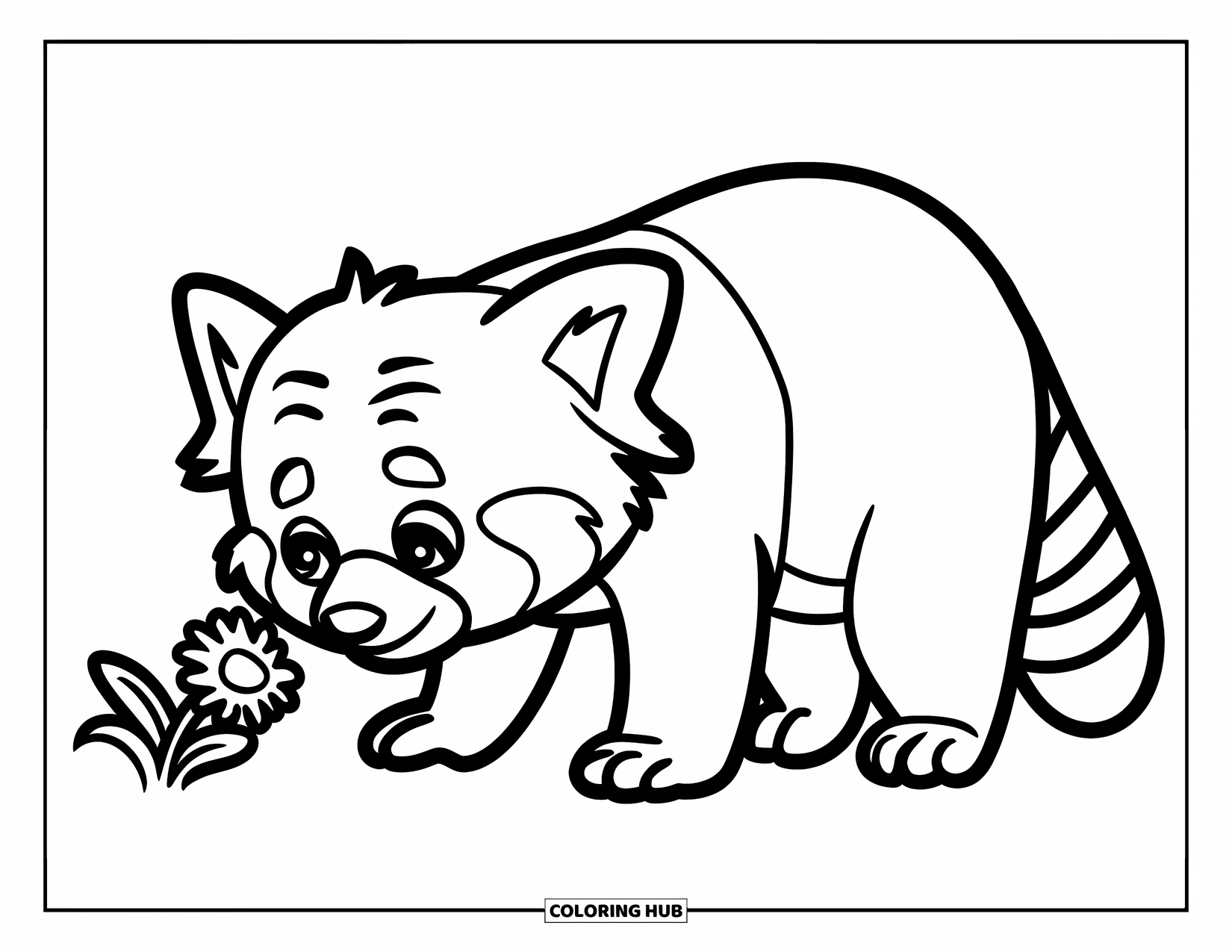 Red Panda Coloring Page for Kids: A red panda leans close to sniff a flower with curiosity