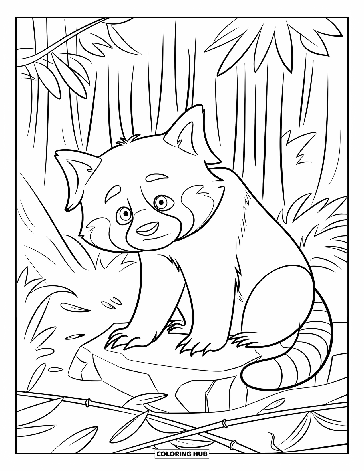 Red Panda Coloring Page for Kids: A red panda looks alert while sniffing the air on a rock