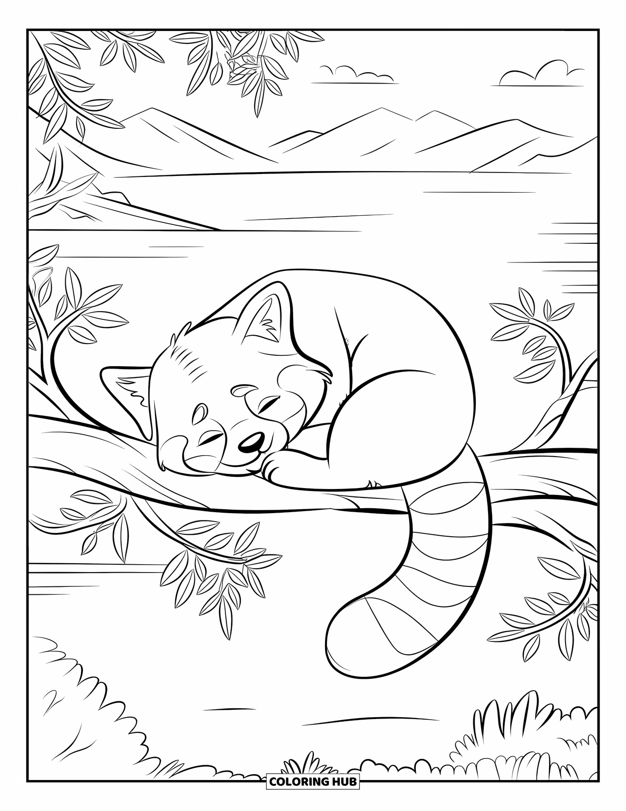 Red Panda Coloring Page for Kids: A red panda naps on a branch overlooking mountains and water