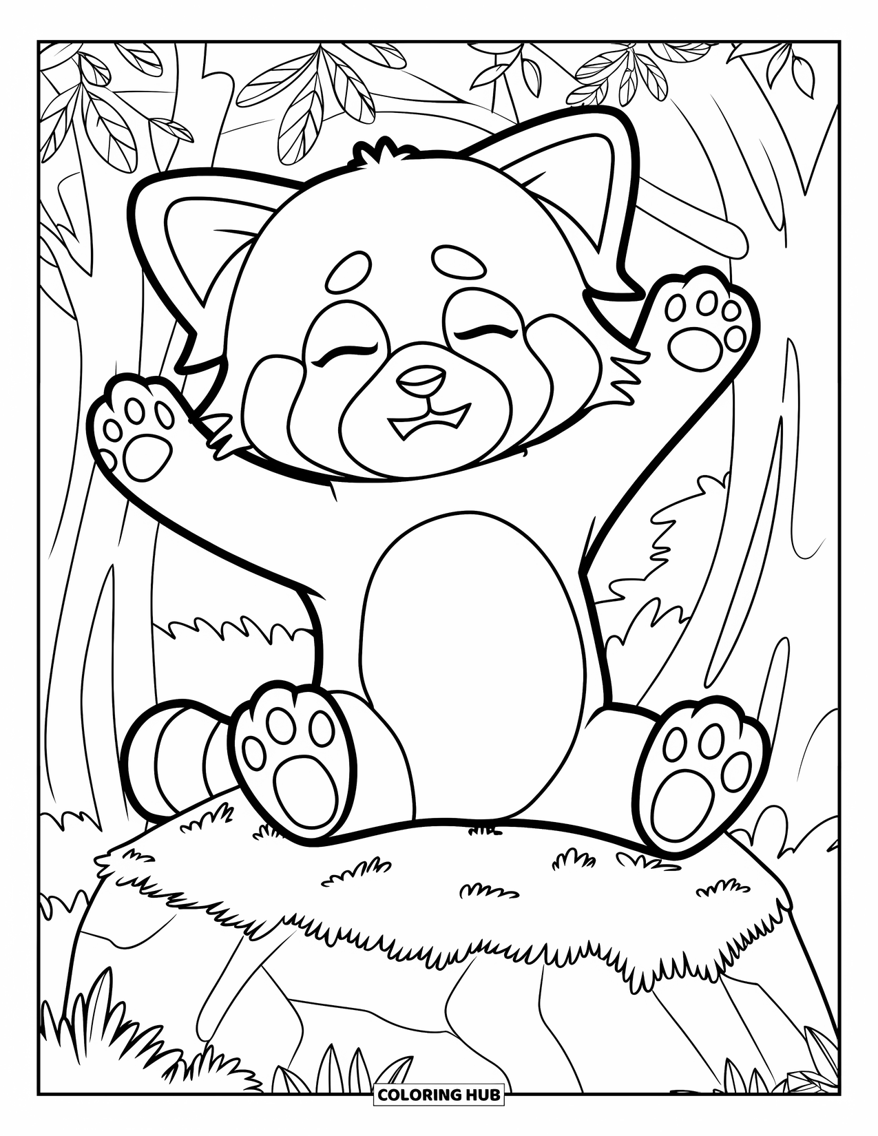 Red Panda Coloring Page for Kids: A red panda relaxes and stretches on a moss-covered rock