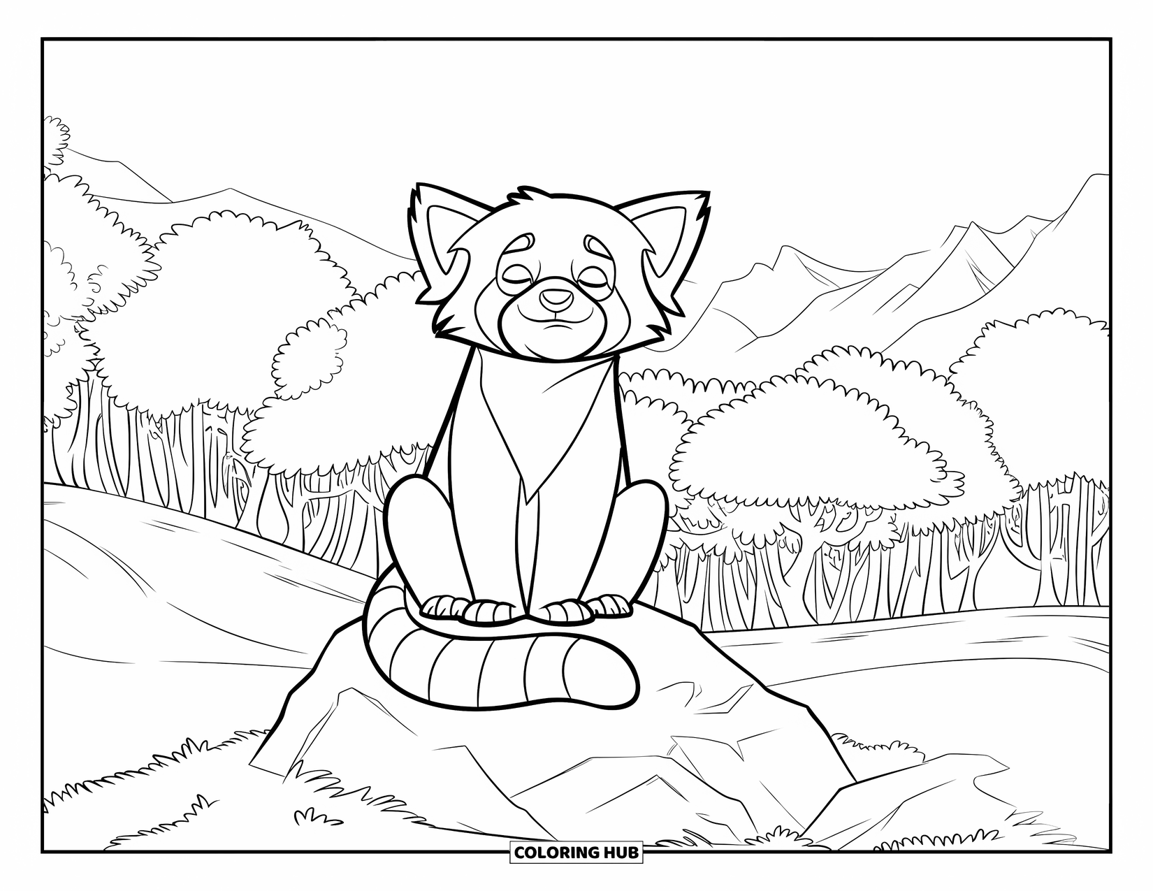 Red Panda Coloring Page for Kids: A red panda relaxes on a rock with trees and mountains around