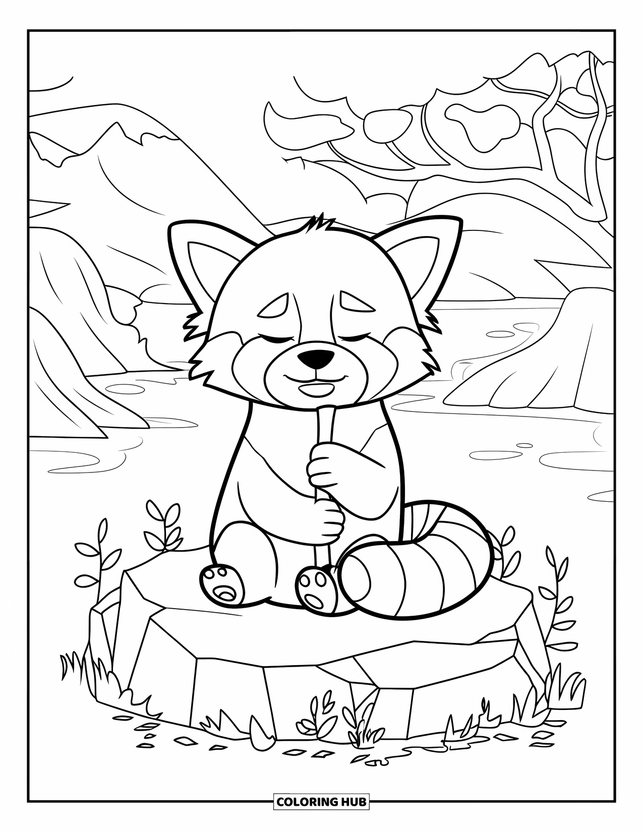 Red Panda Coloring Page for Kids: A red panda sits on a rock surrounded by little plants