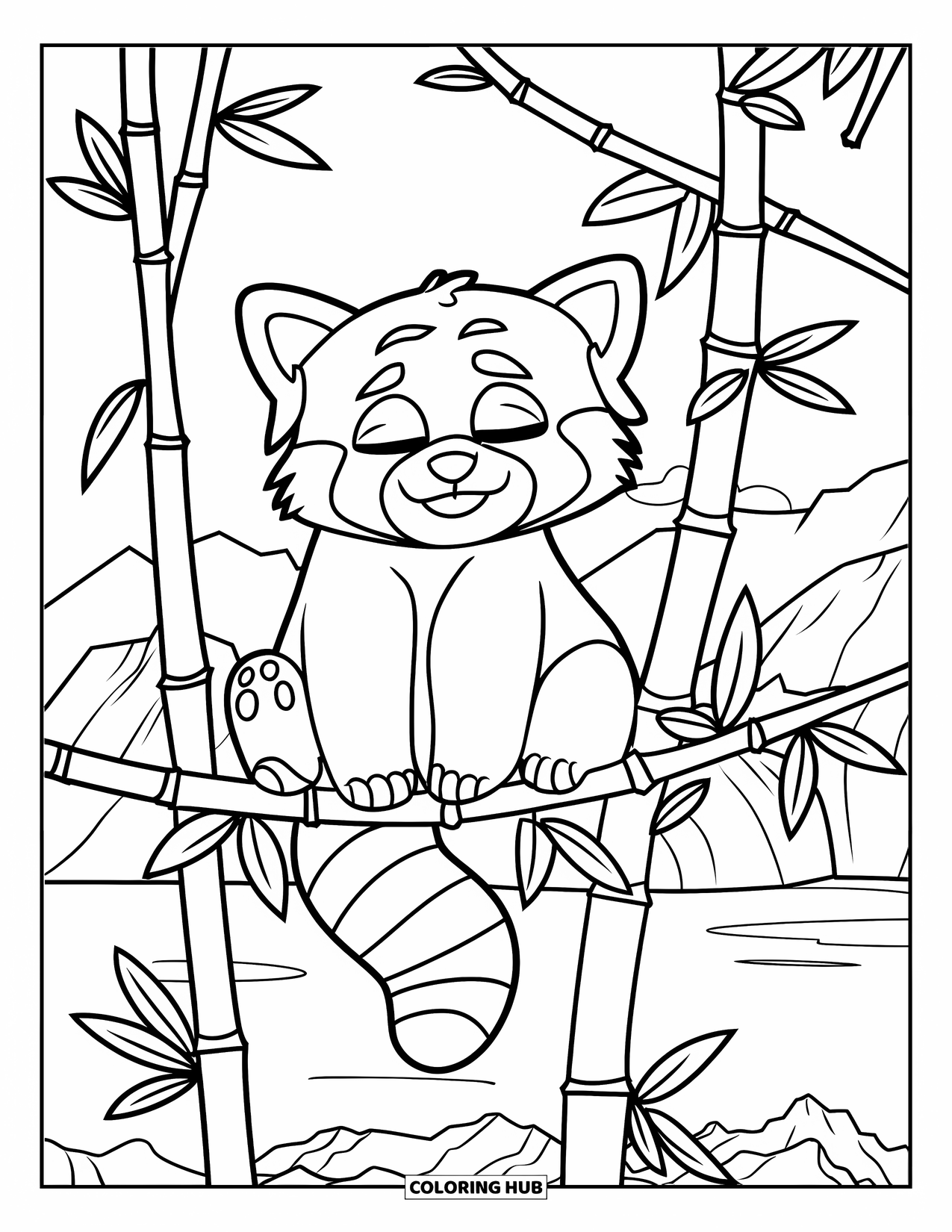 Red Panda Coloring Page for Kids: A red panda snoozes on a branch surrounded by bamboo and vines