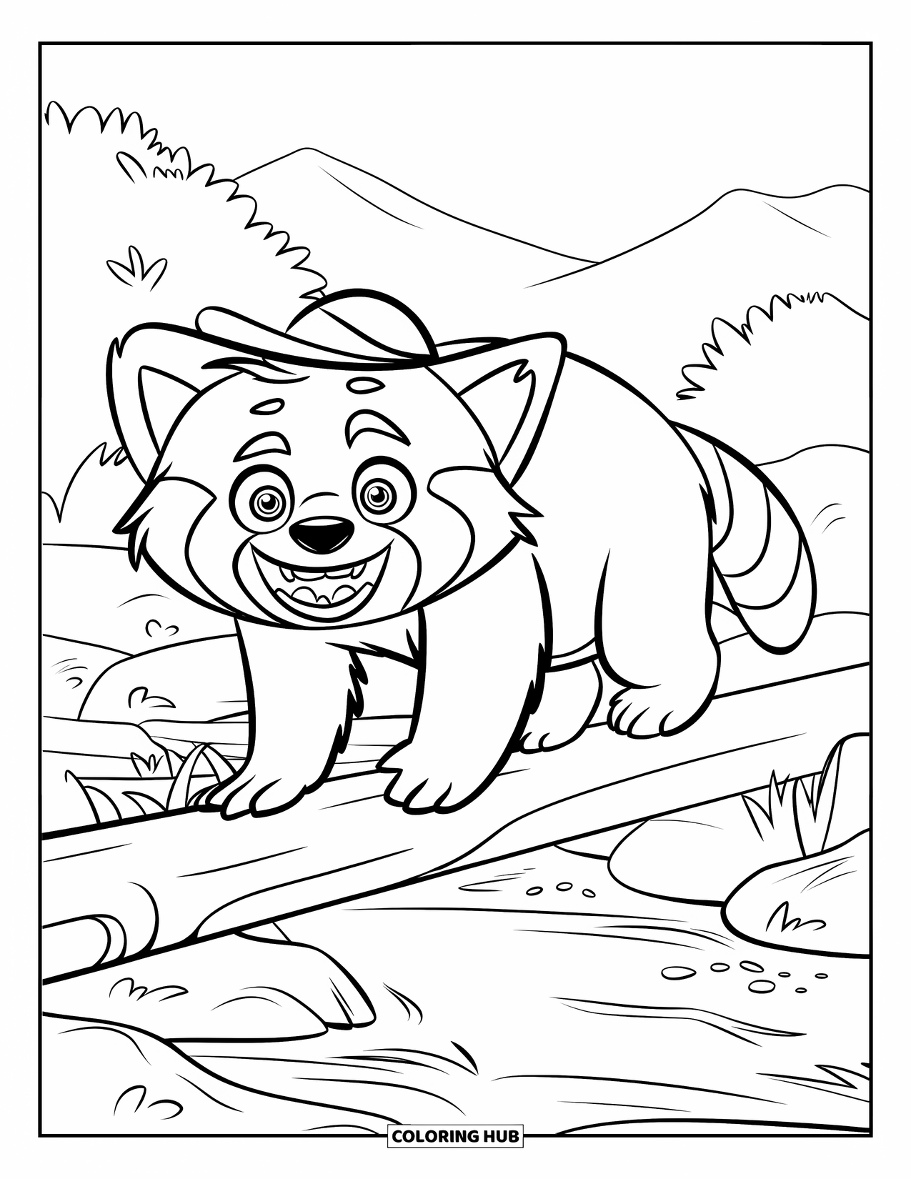 Red Panda Coloring Page for Kids: A red panda with a hat shows its teeth while crossing a log