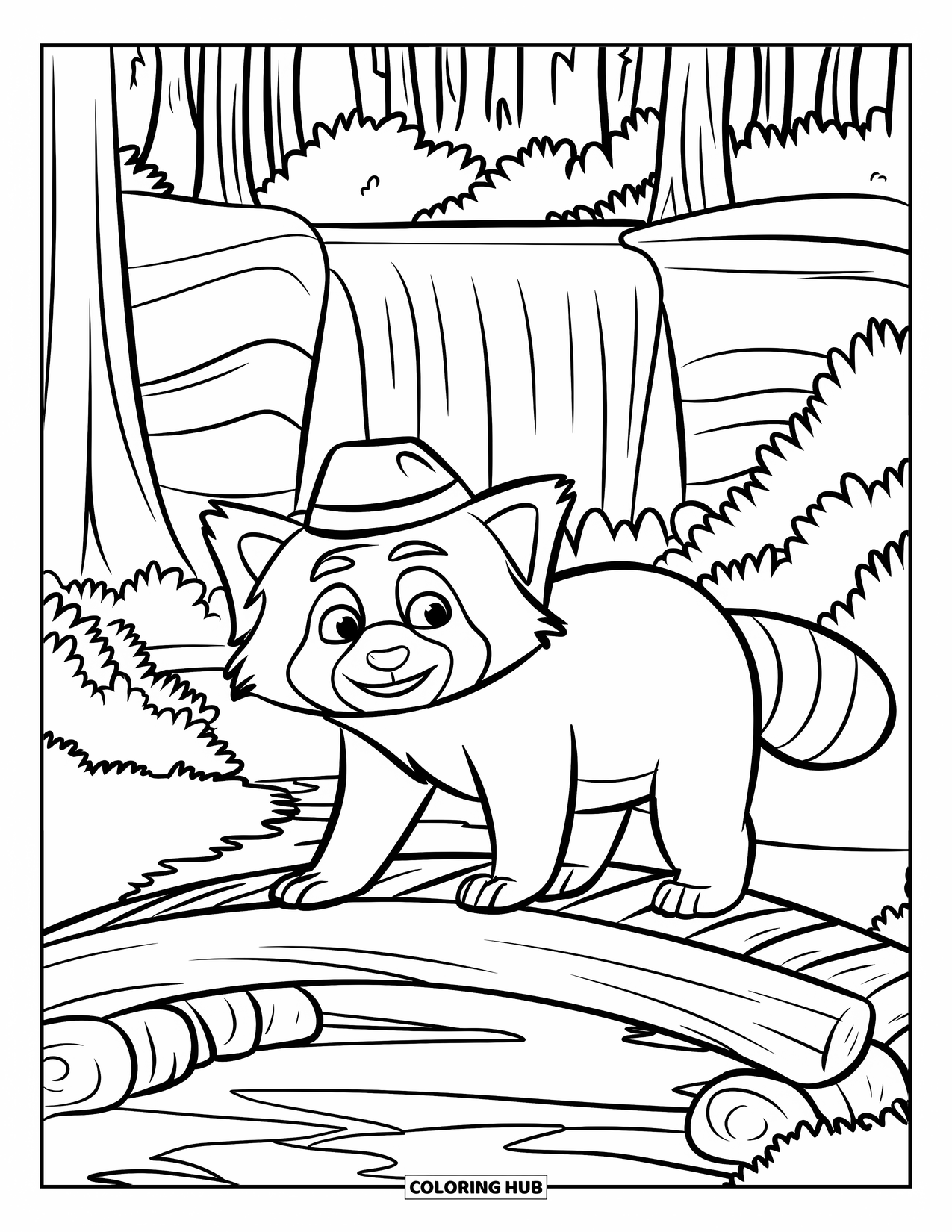 Red Panda Coloring Page for Kids: A red panda with a hat walks across a forest log bridge