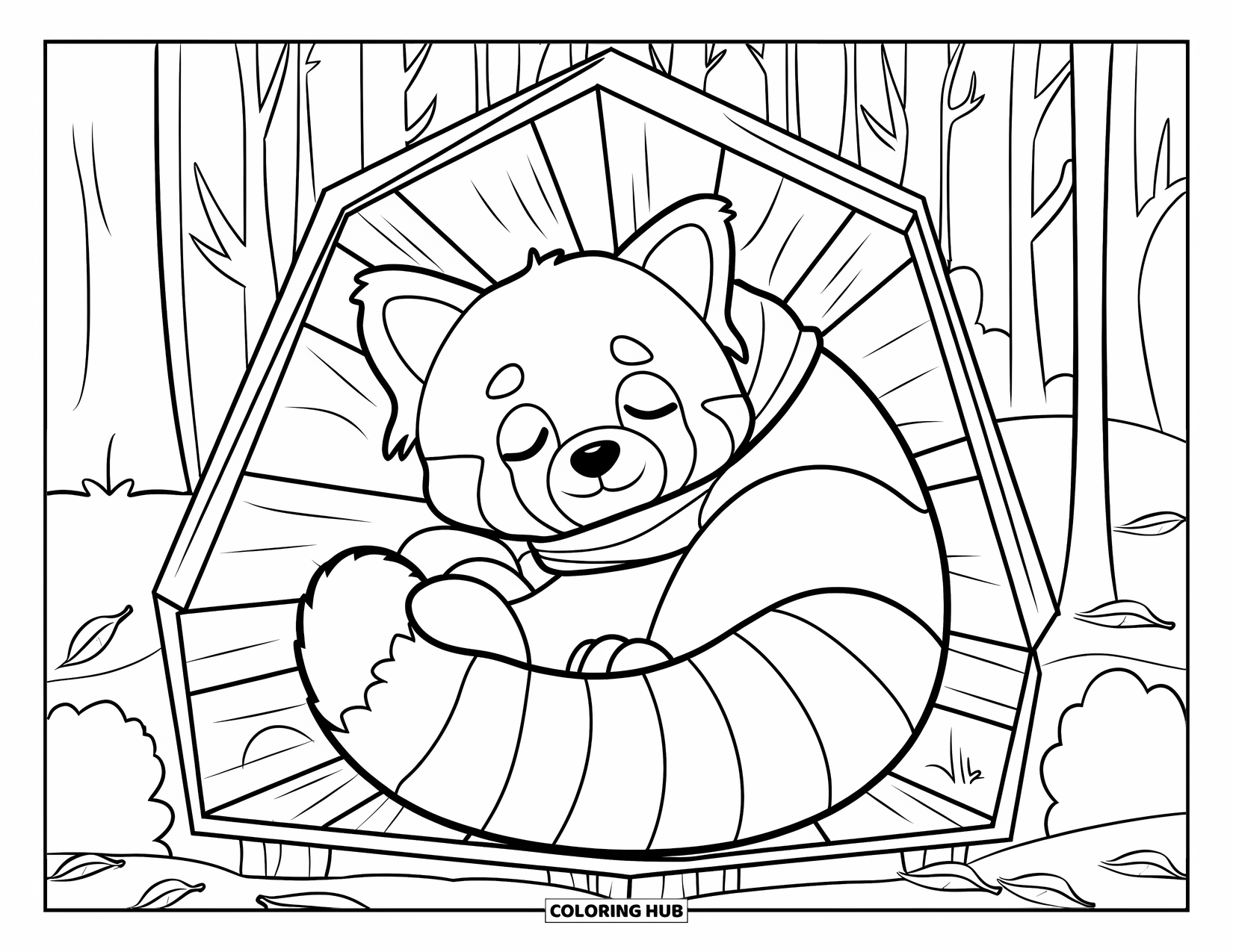 Red Panda Coloring Page for Kids: A red panda with a scarf naps in a wooden nook with fallen leaves