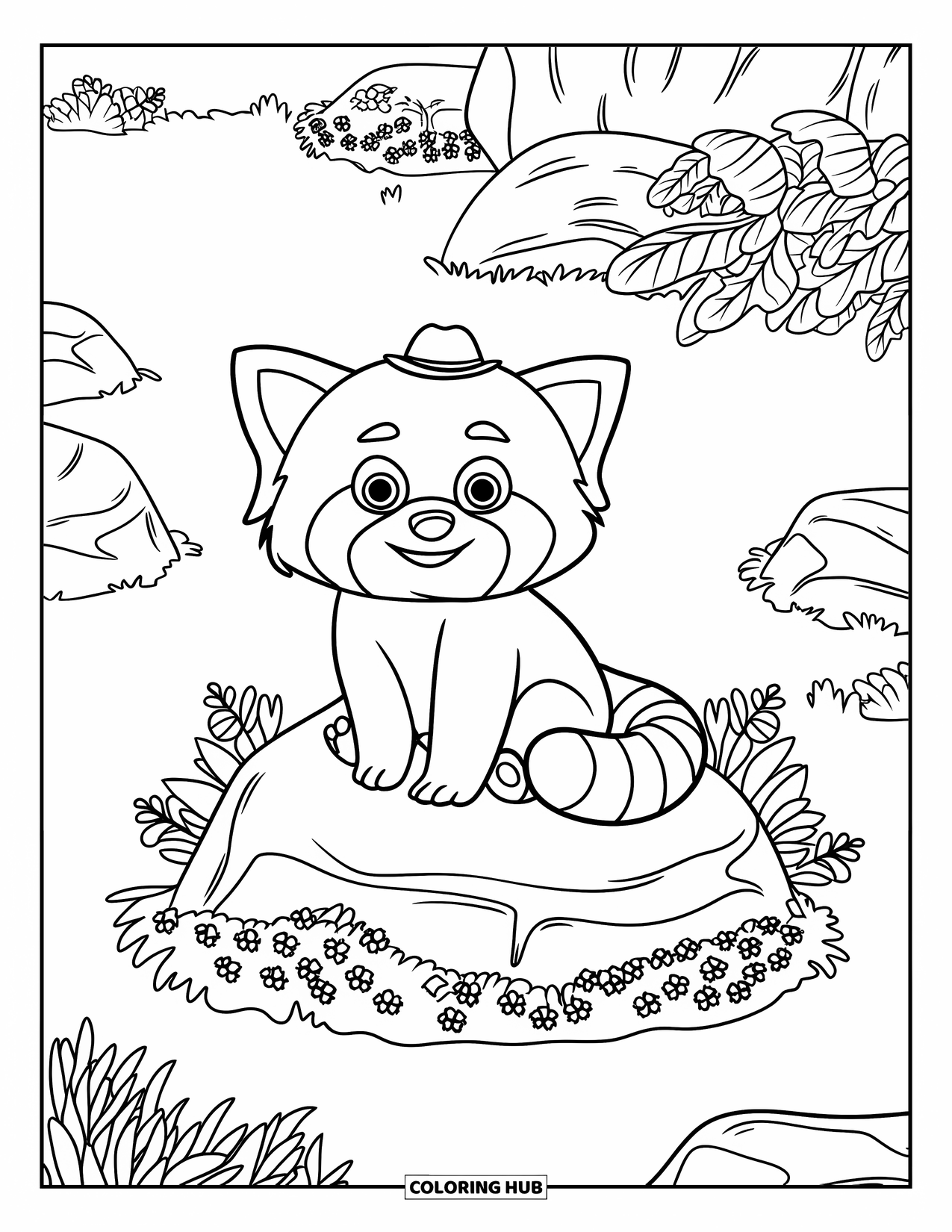 Red Panda Coloring Page for Kids: A red panda with a small hat sits on a rock with plants