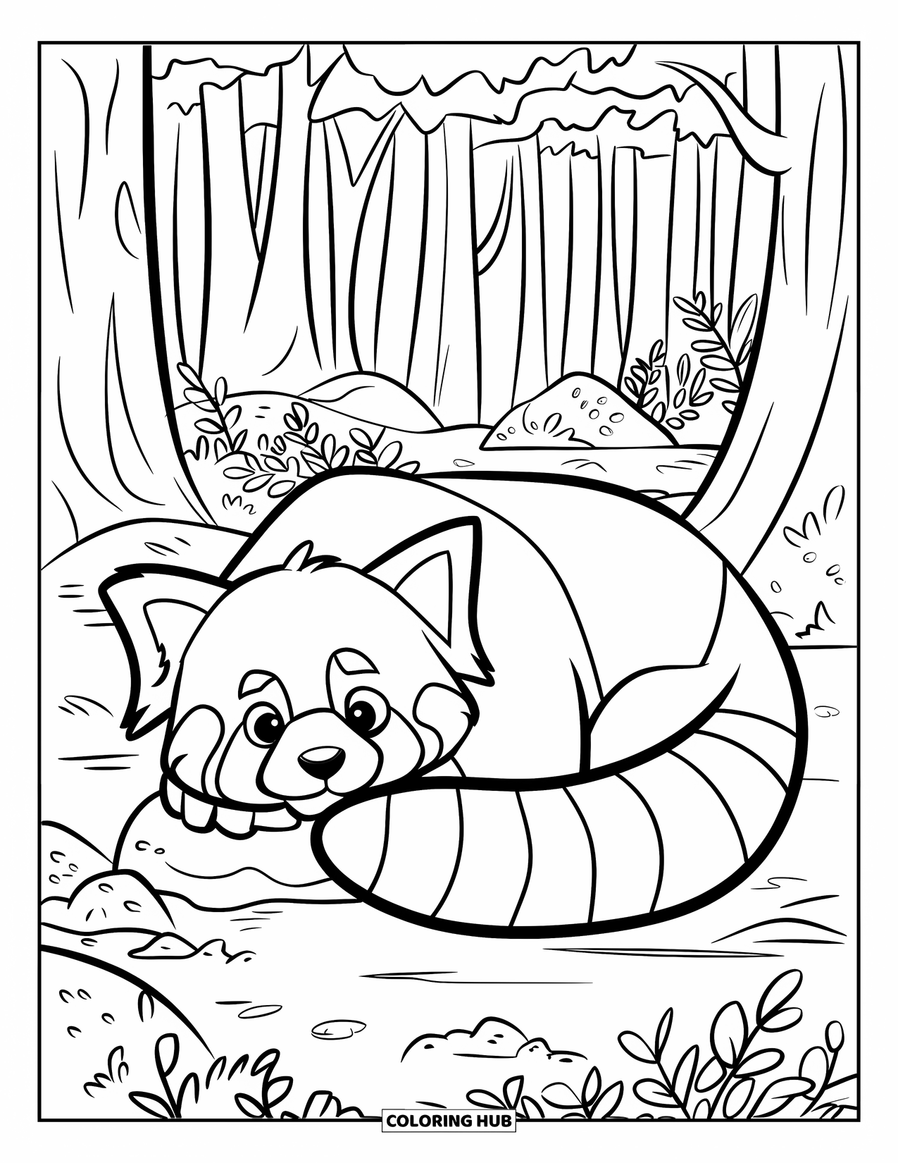 Red Panda Coloring Page for Kids: A sleepy red panda curls up with rocks and plants nearby