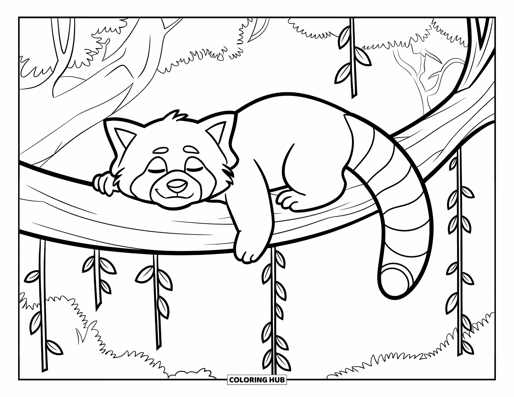 Red Panda Coloring Page for Kids: A sleepy red panda lounges on a tree branch with vines