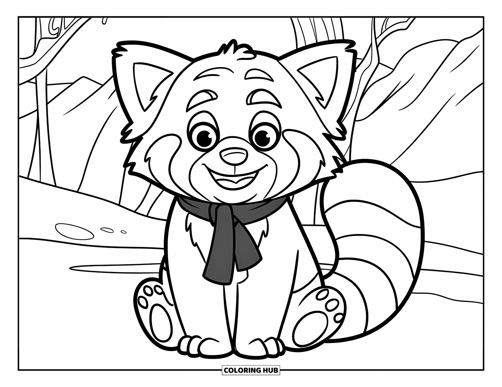 Red Panda Coloring Page for Kids: A smiling red panda in a scarf sits in snowy mountains