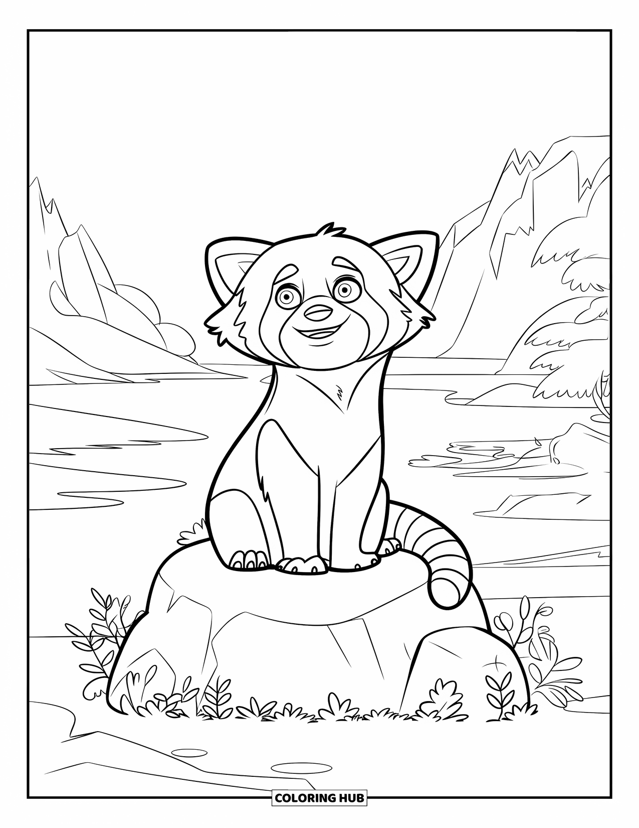 Red Panda Coloring Page for Kids: A wide-eyed red panda sits on a rock surrounded by greenery