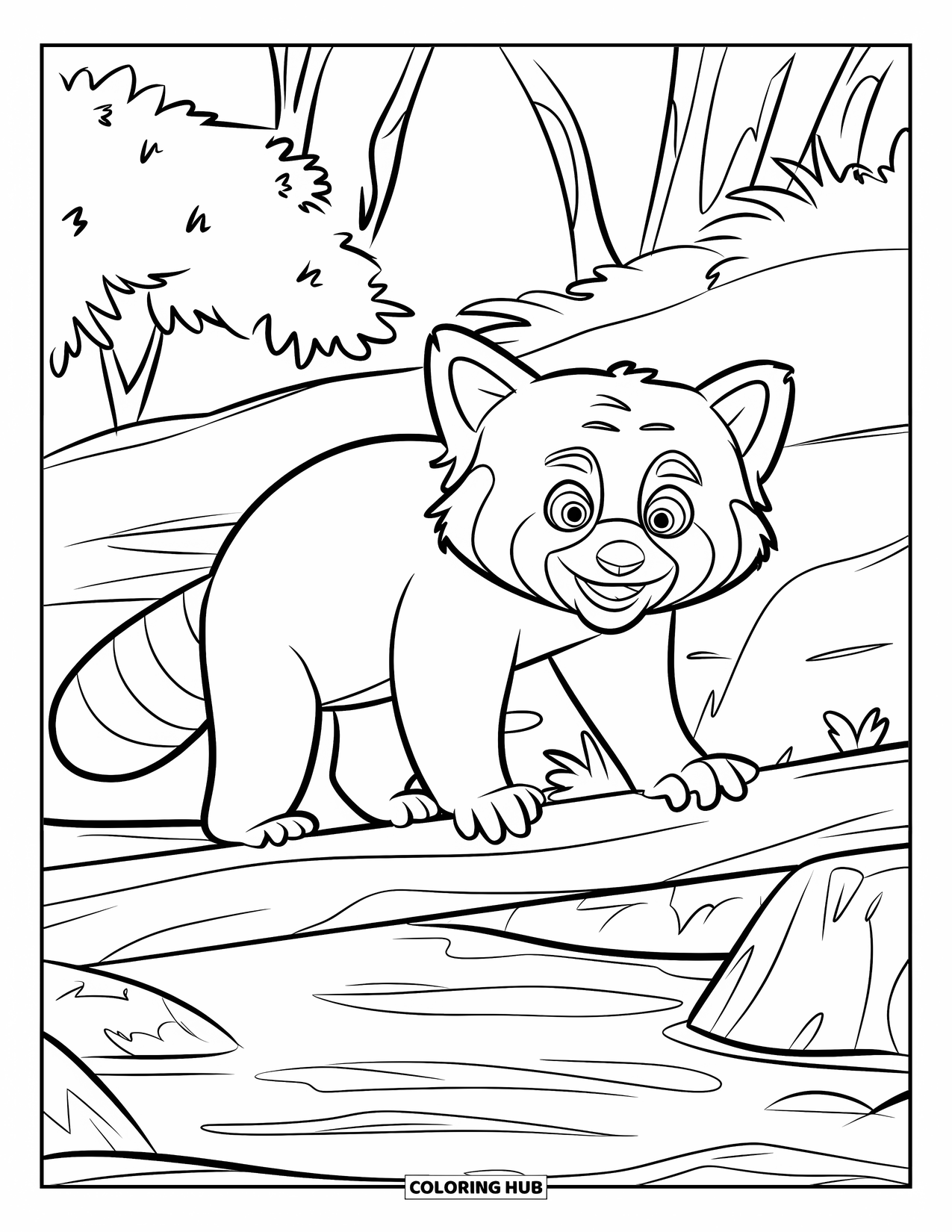 Red Panda Coloring Page for Kids: A wide-eyed red panda steadies itself on a rocky log path