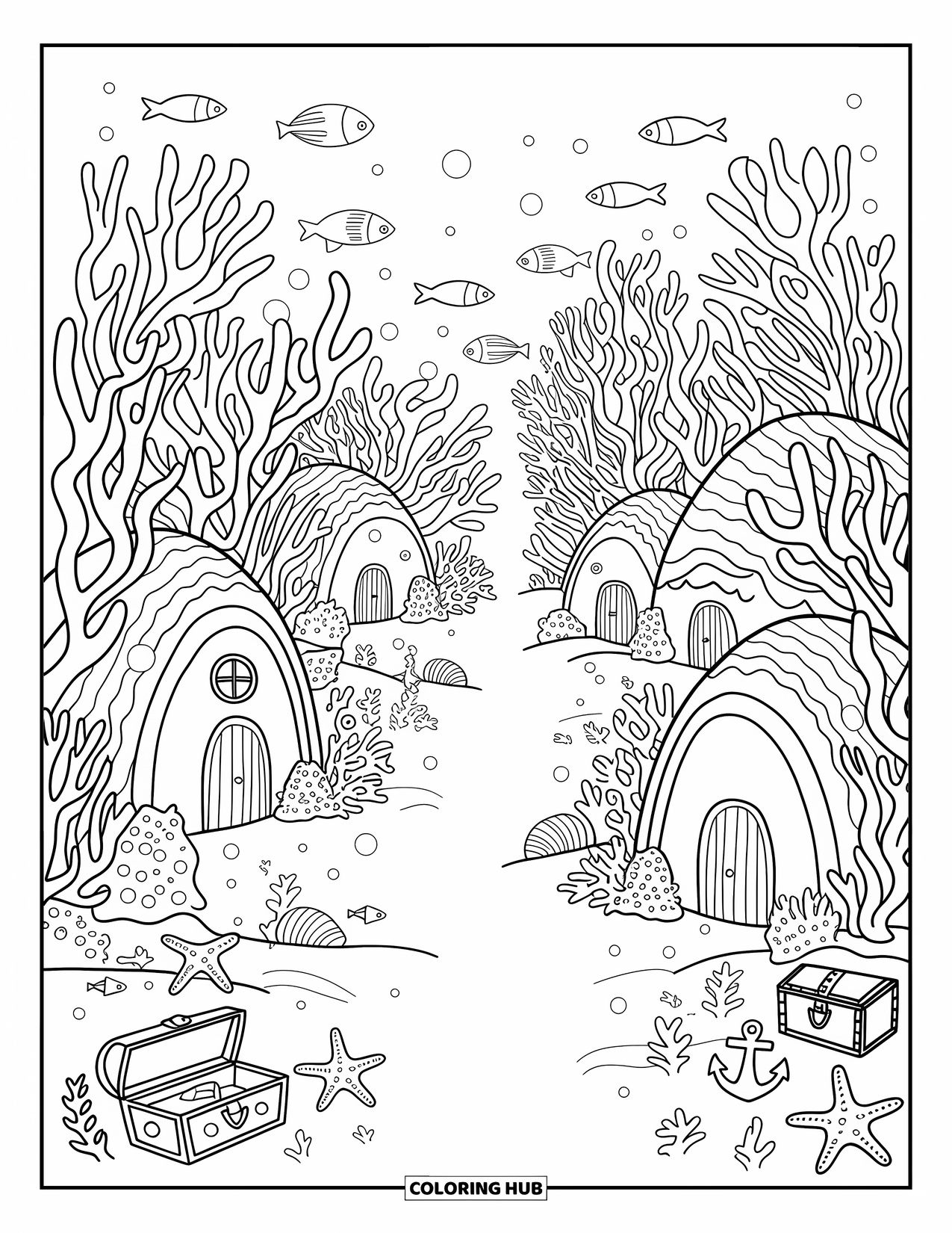 Sea Coloring Page for Adults: Cozy underwater village with seashell homes, anchors, and treasure chests