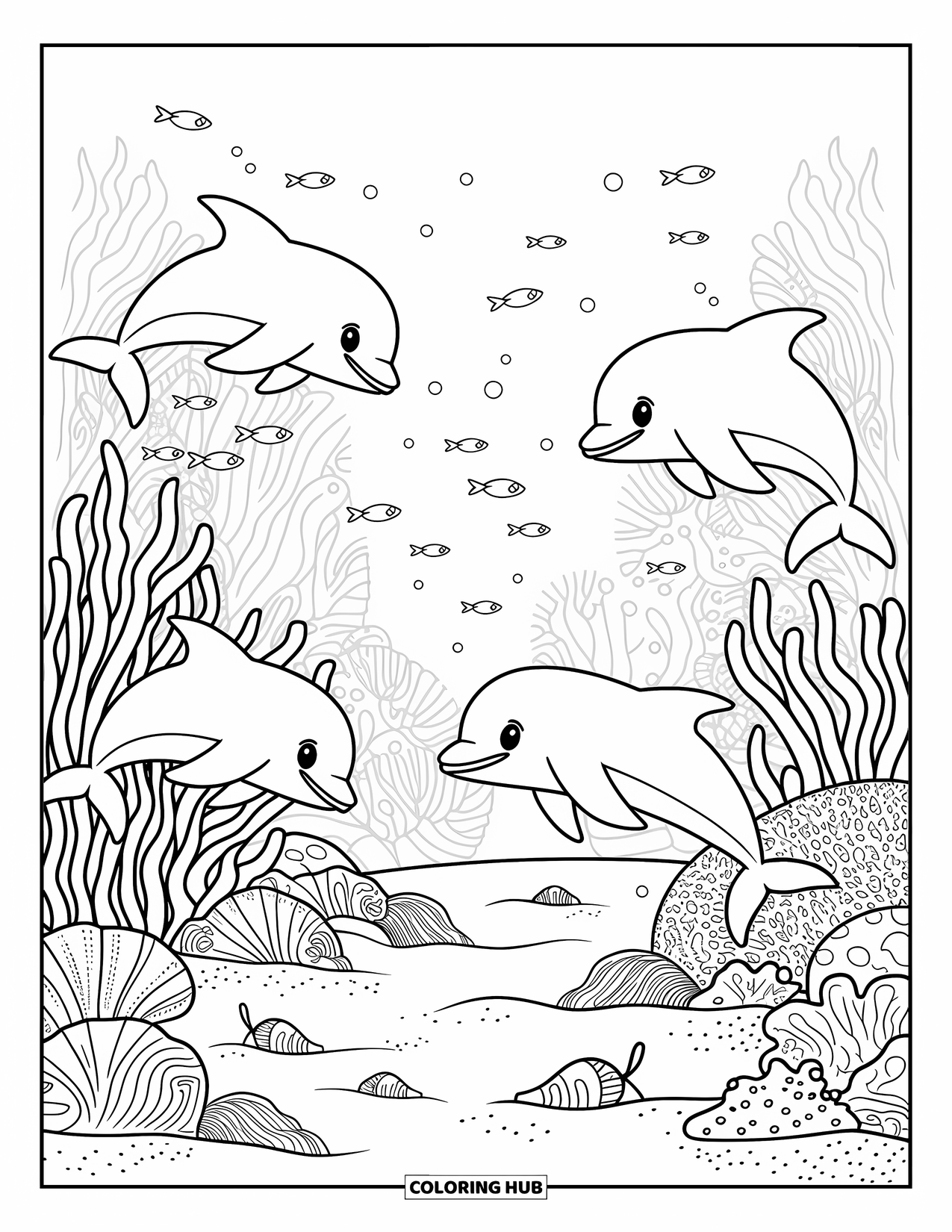 Sea Coloring Page for Adults: Group of dolphins swimming around coral with bubbles and shells