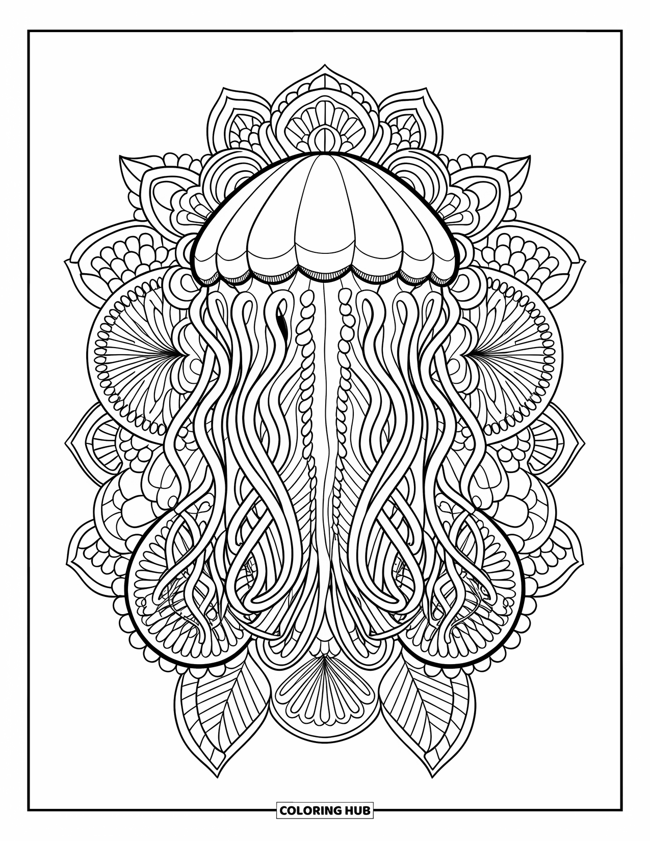 Sea Coloring Page for Adults: Jellyfish surrounded by botanical mandala patterns of flowers and spirals