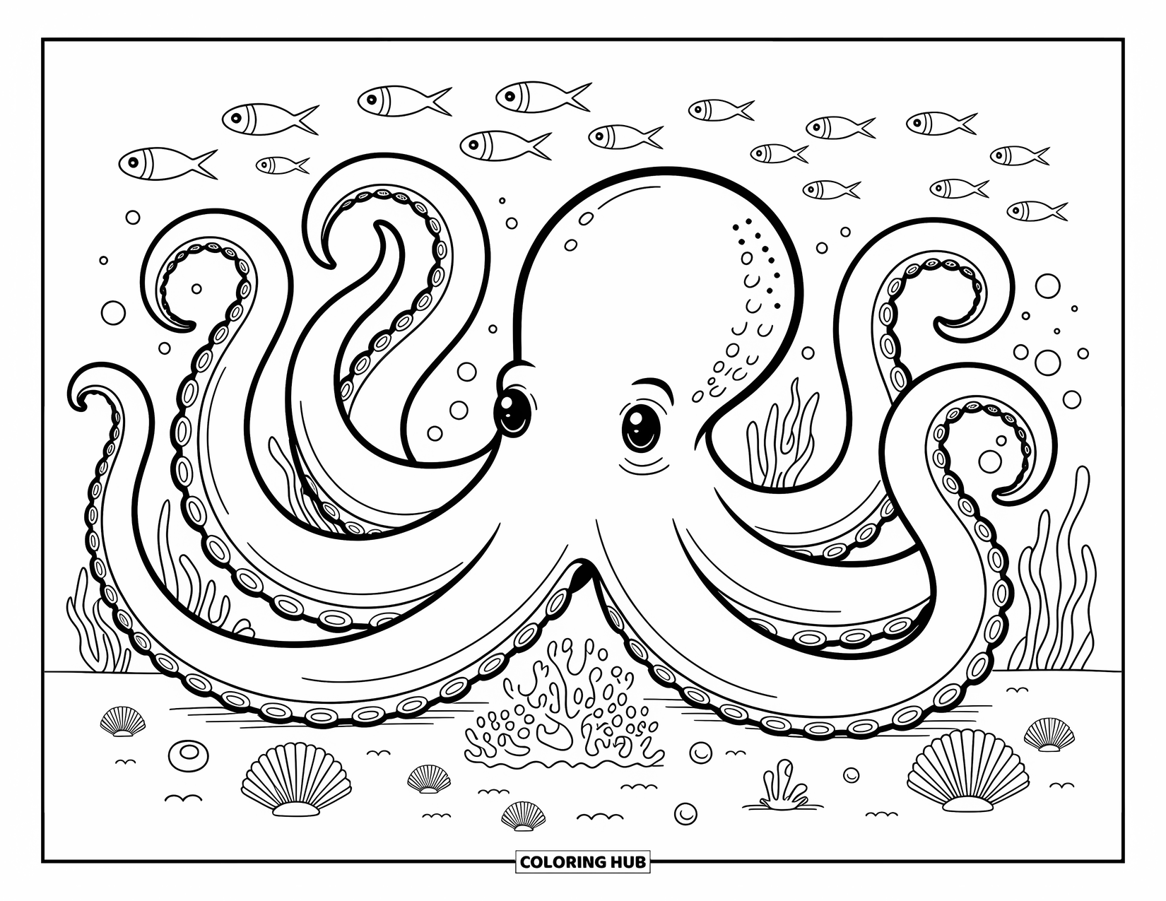 Sea Coloring Page for Adults: Octopus with curling arms surrounded by pearls, coral, and seaweed