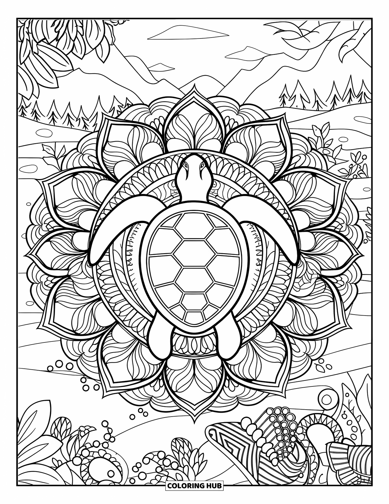 Sea Coloring Page for Adults: Sea turtle centered in a botanical mandala with flowers and vines