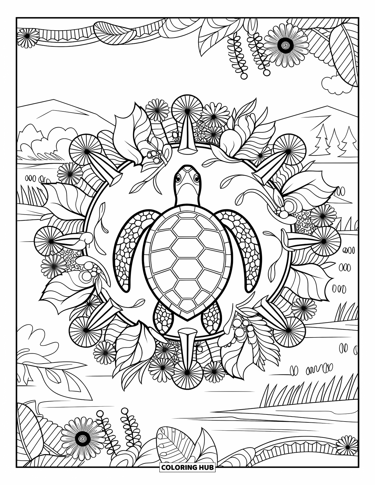 Sea Coloring Page for Adults: Sea turtle in a mandala of plants, flowers, and water scenery