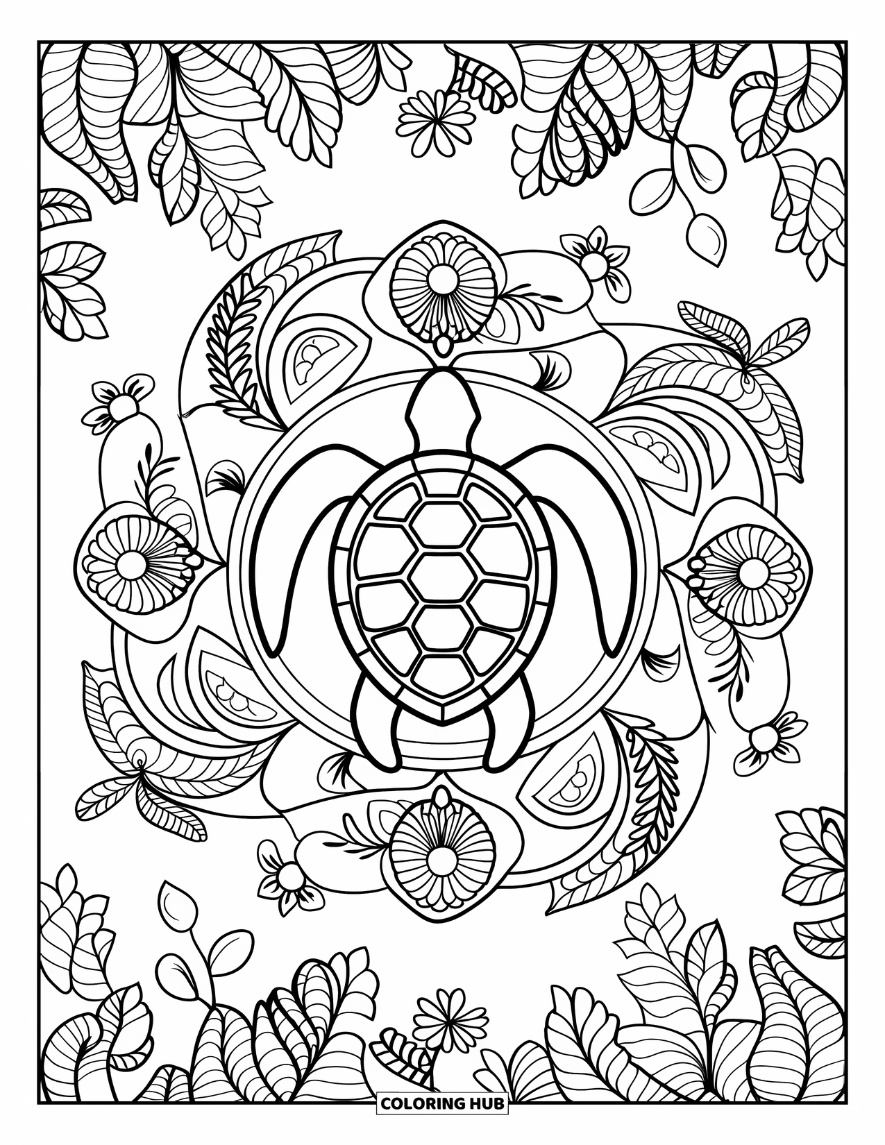 Sea Coloring Page for Adults: Sea turtle inside a botanical mandala with turtles and floral details