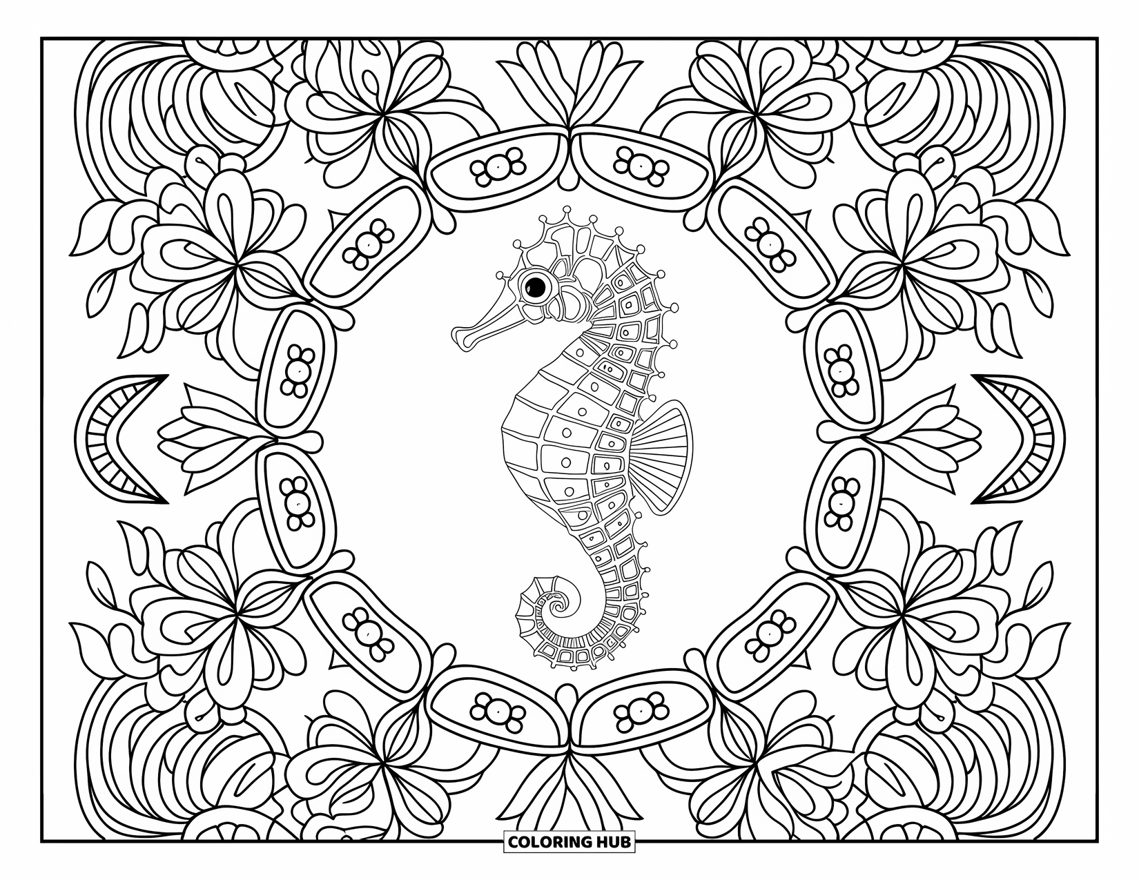 Sea Coloring Page for Adults: Seahorse centered in a floral mandala of flowers, leaves, and vines