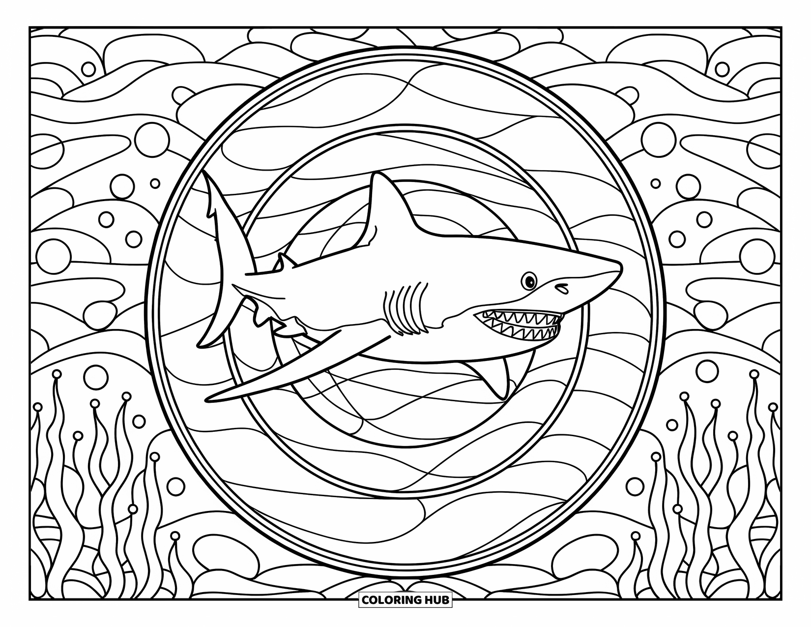 Sea Coloring Page for Adults: Shark surrounded by stained glass patterns of waves, plants, and bubbles