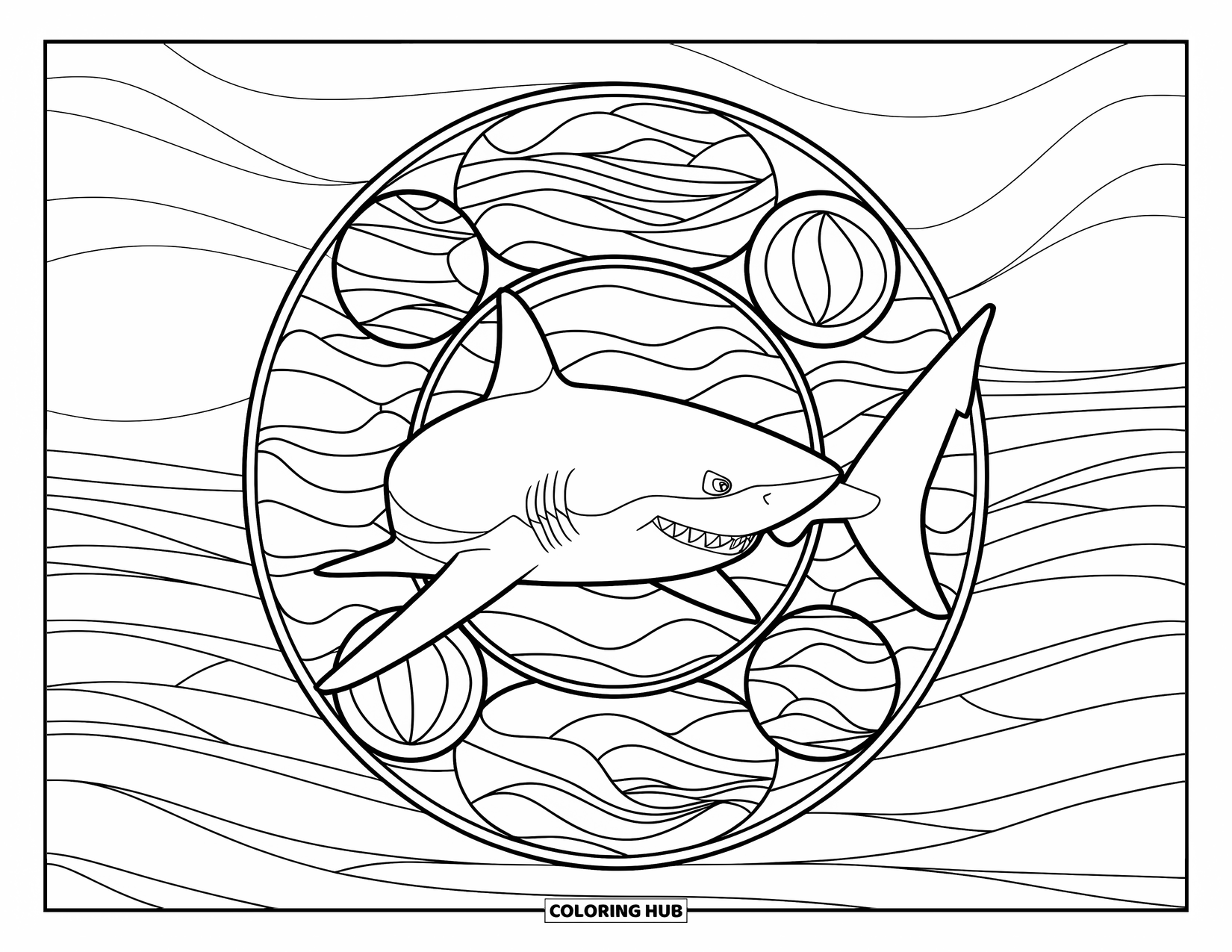 Sea Coloring Page for Adults: Shark swimming within circular stained glass ocean motifs