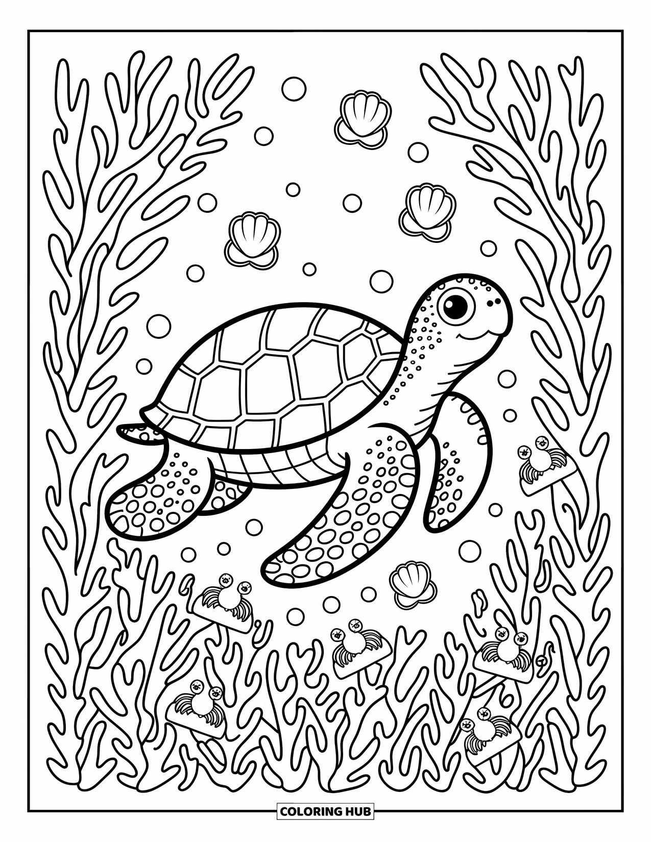 Sea Coloring Page for Adults: Turtle navigating seaweed forest with bubbles, shells, and tiny crabs