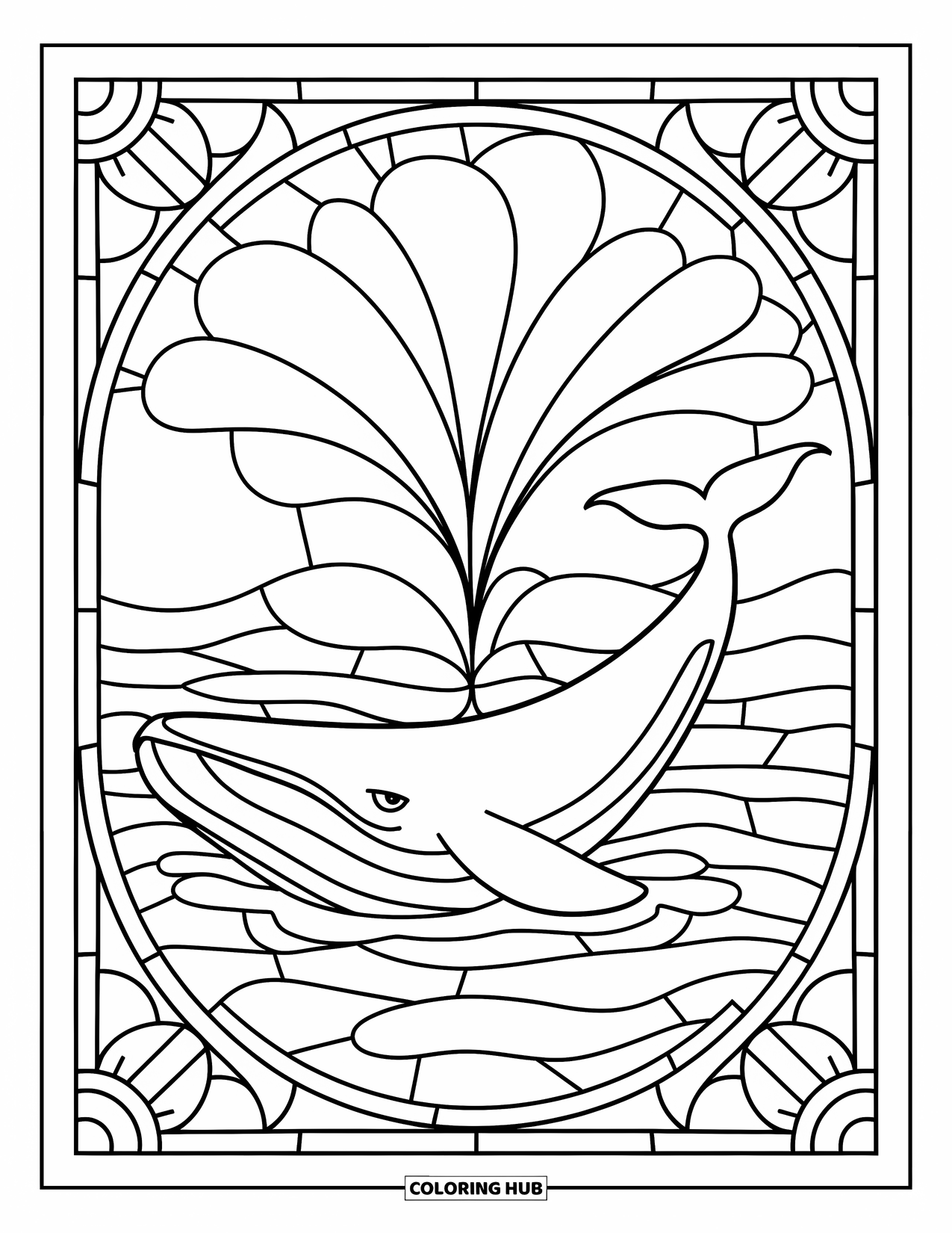 Sea Coloring Page for Adults: Whale spouting water inside stained glass shapes with bold outlines