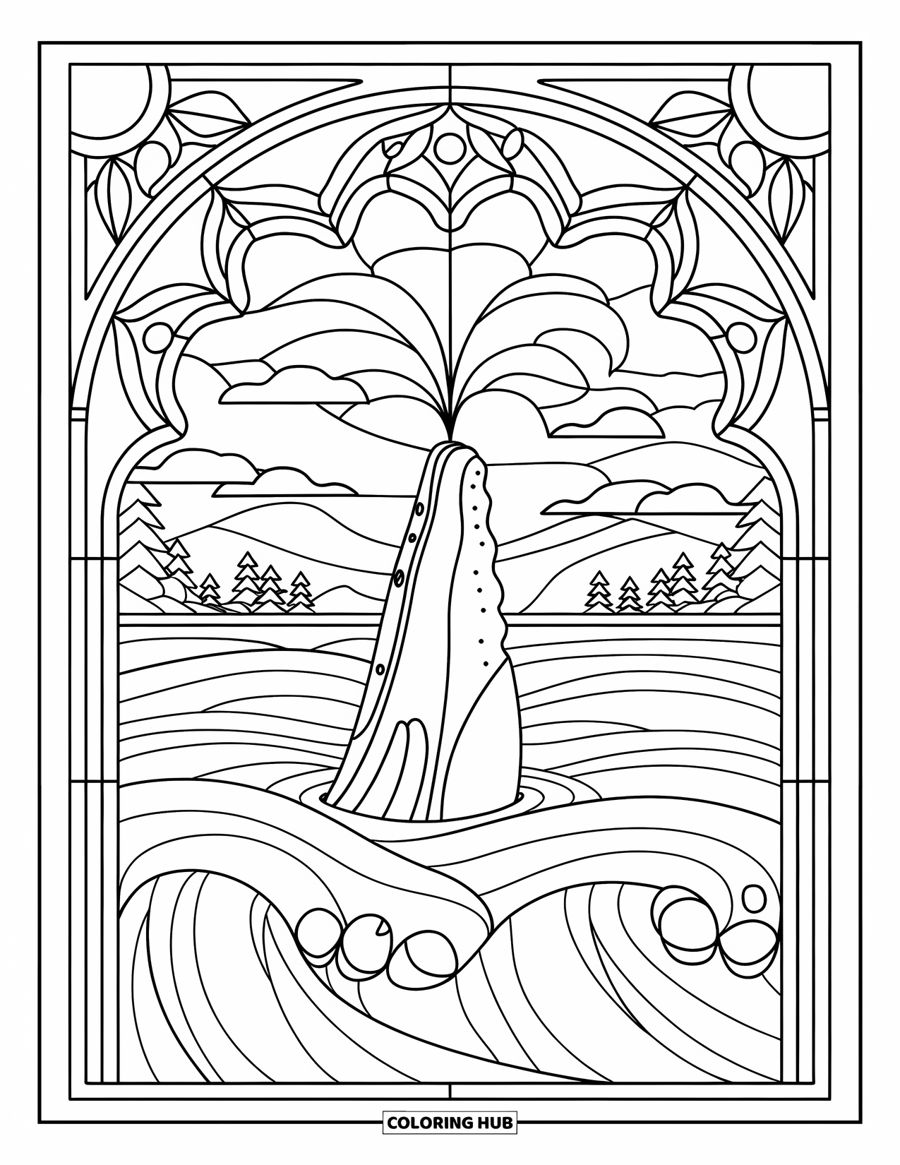 Sea Coloring Page for Adults: Whale spouting water surrounded by stained glass with waves and mountains