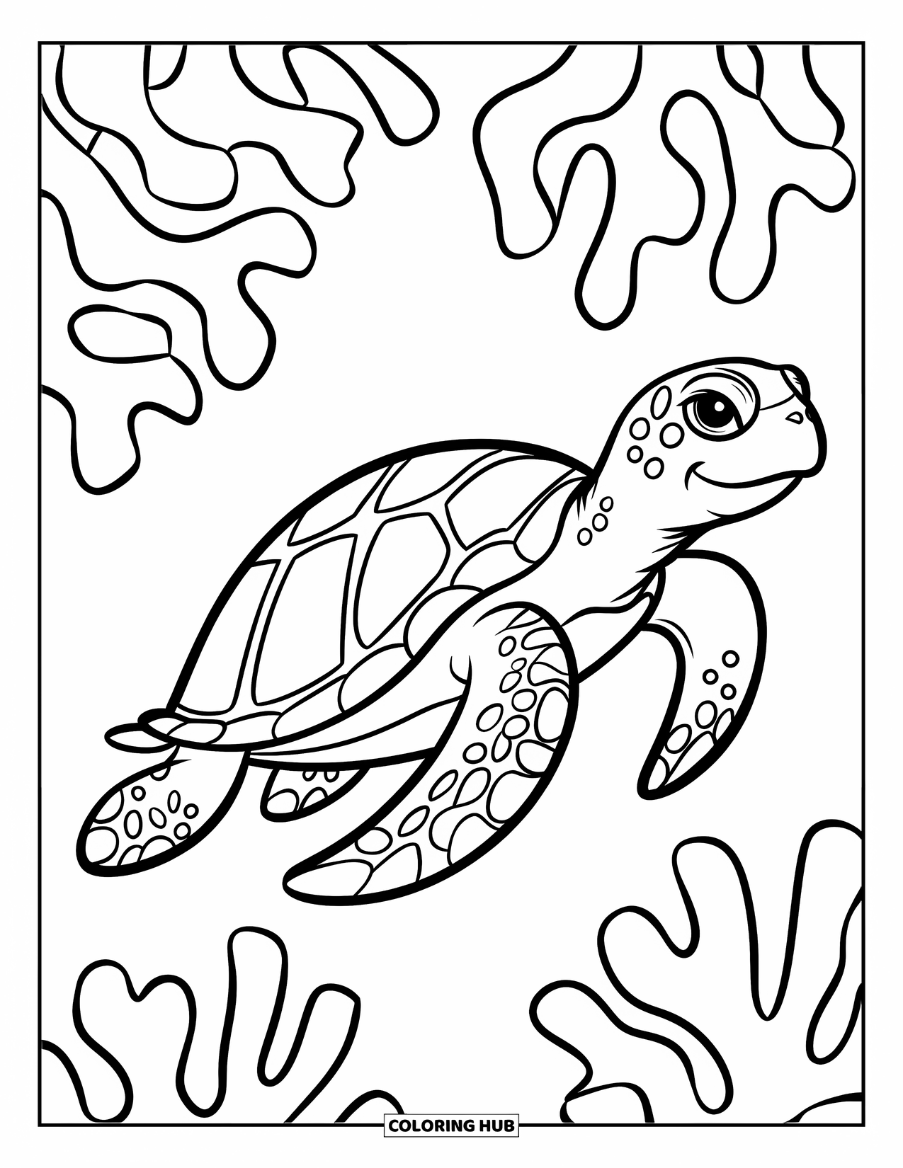 Sea Coloring Page for Kids: Big sea turtle swimming peacefully with coral shapes