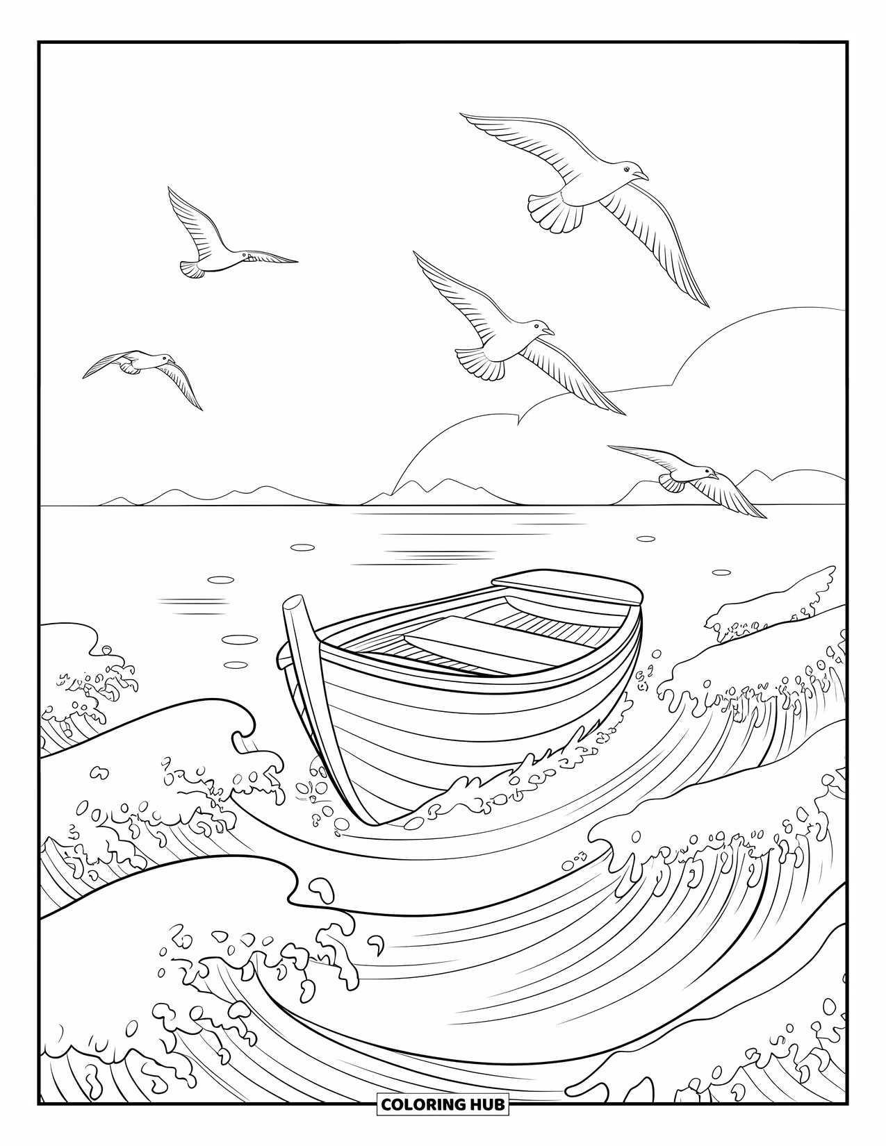 Sea Coloring Page for Kids: Boat sailing with seabirds and distant horizon view
