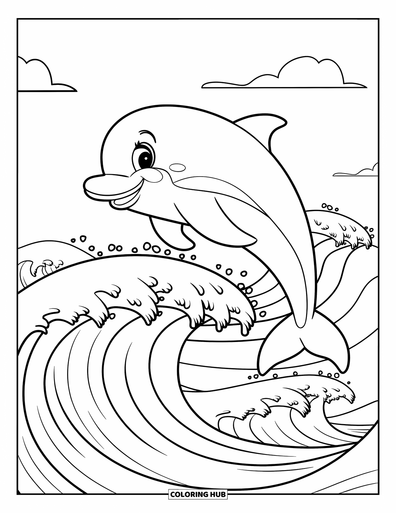Sea Coloring Page for Kids: Friendly dolphin leaping over foamy waves under the sky