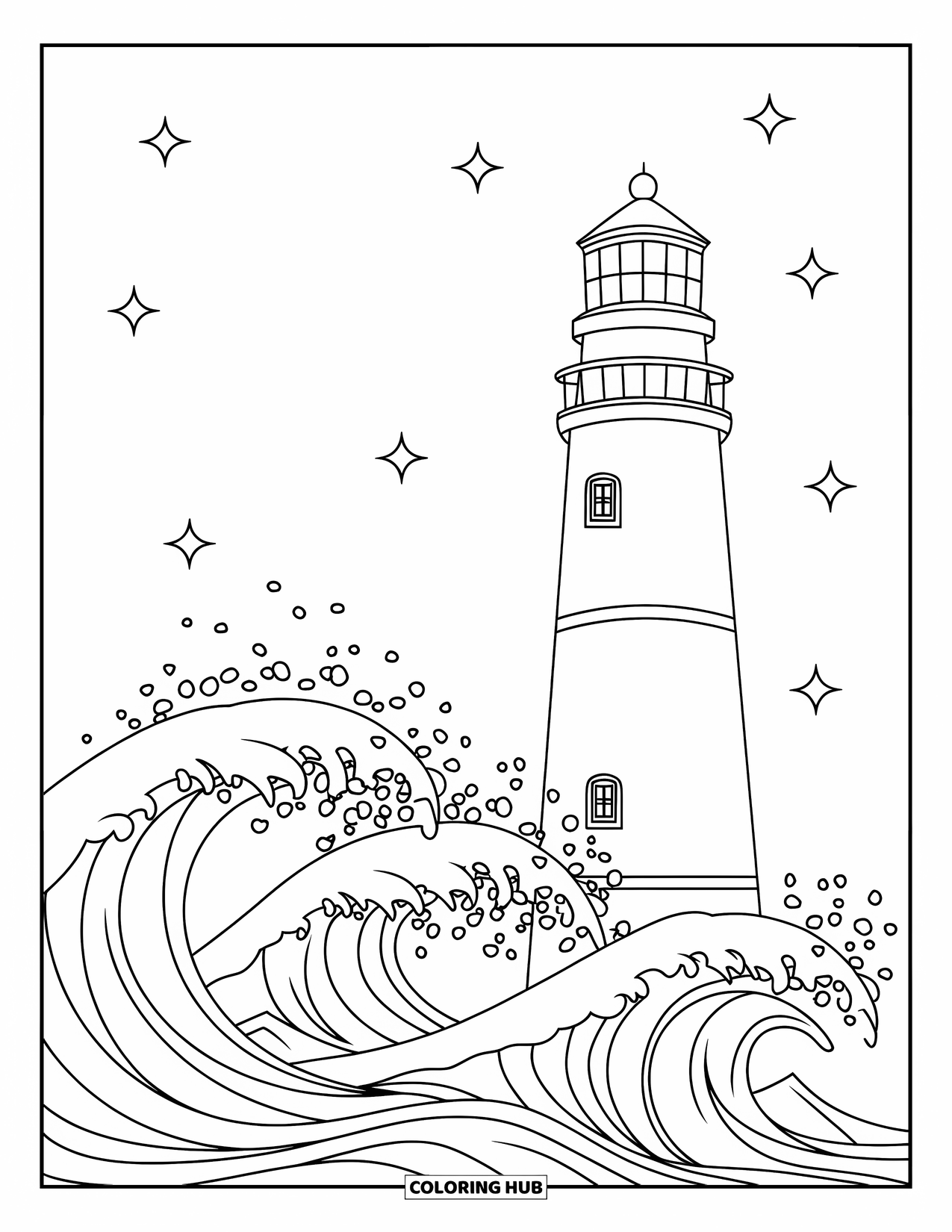Sea Coloring Page for Kids: Lighthouse with foamy waves under a starry sky