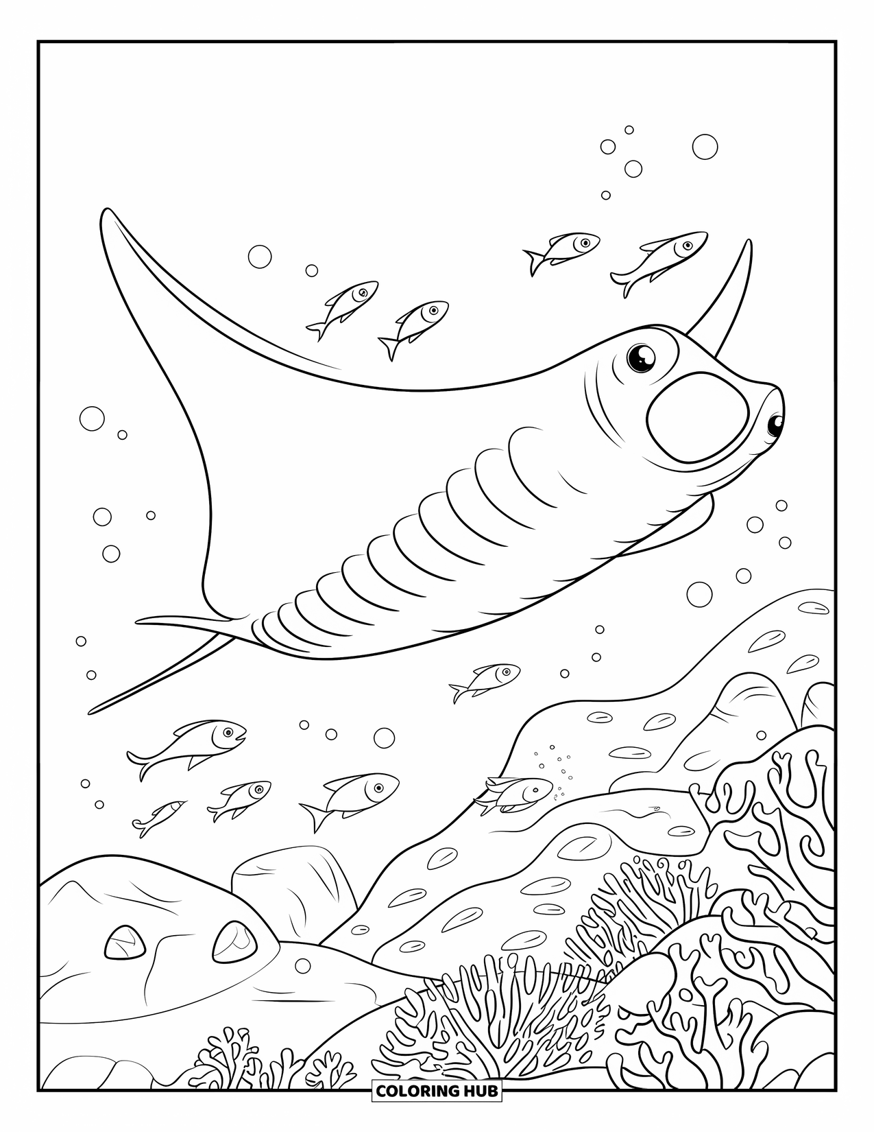 Sea Coloring Page for Kids: Manta ray swimming above coral reefs and fish