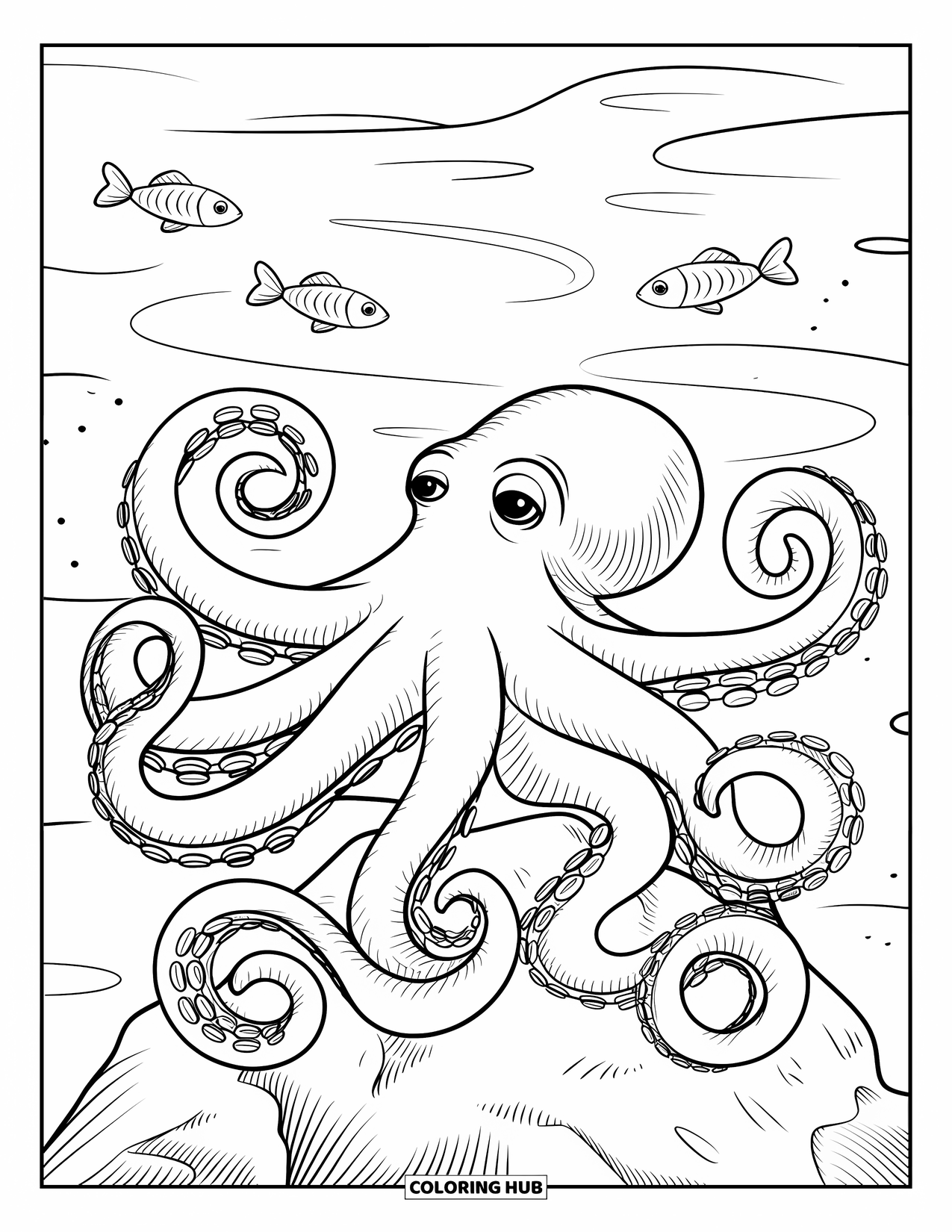 Sea Coloring Page for Kids: Octopus sitting on a rock with fish swimming nearby