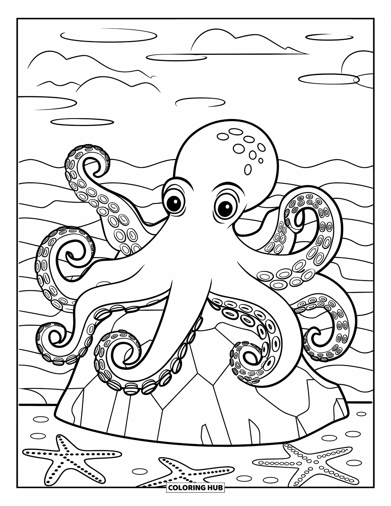 Sea Coloring Page for Kids: Octopus with curling arms sitting on a rock by the sea