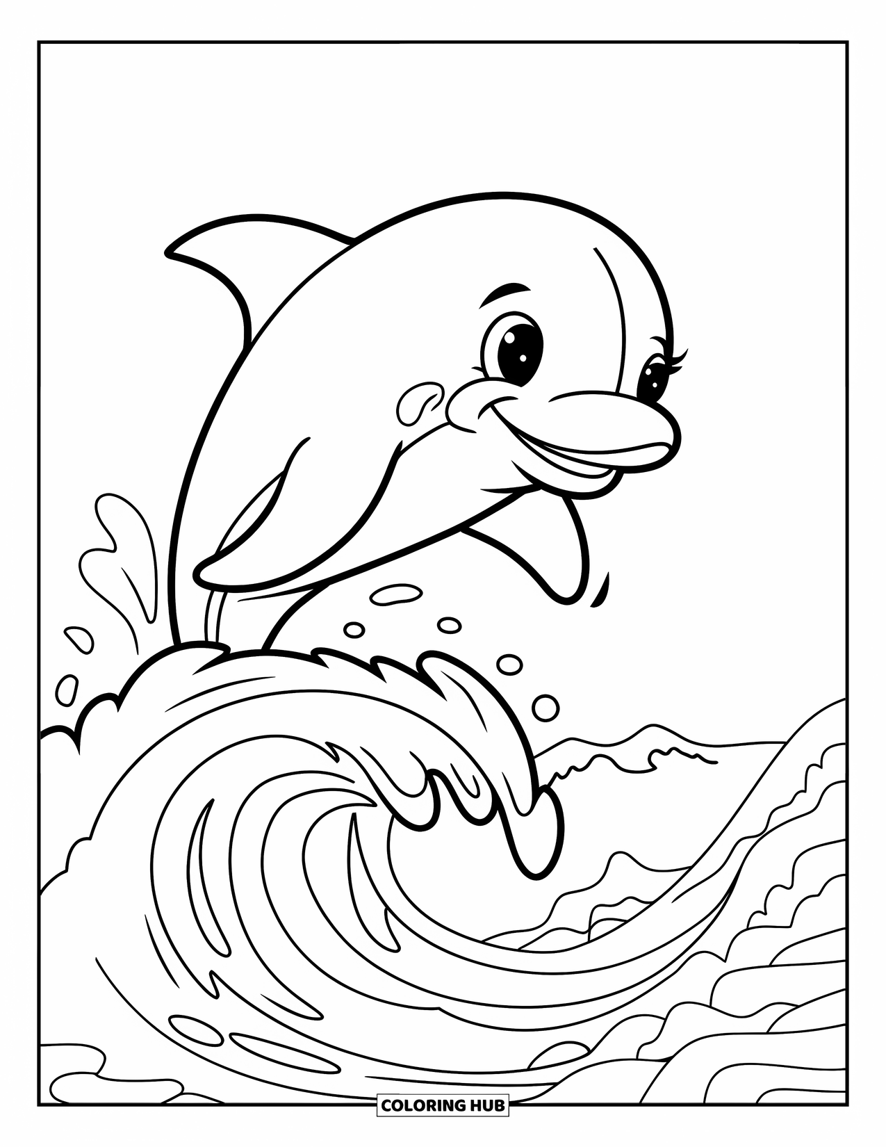 Sea Coloring Page for Kids: Playful dolphin jumping happily over a wave