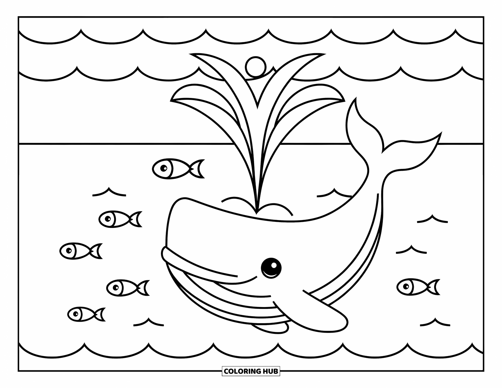 Sea Coloring Page for Kids: Round whale spouting water with fish below