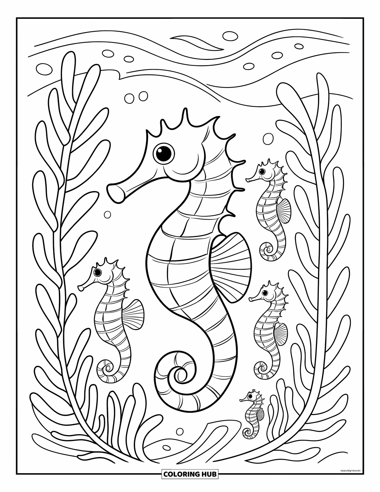 Sea Coloring Page for Kids: Seahorses swimming together among tall kelp plants