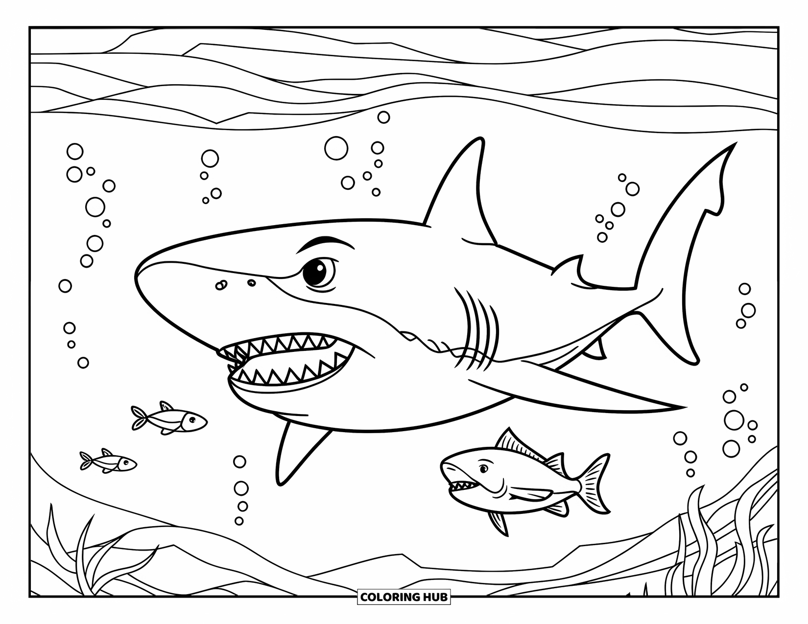 Sea Coloring Page for Kids: Shark with sharp teeth swimming near smaller fish