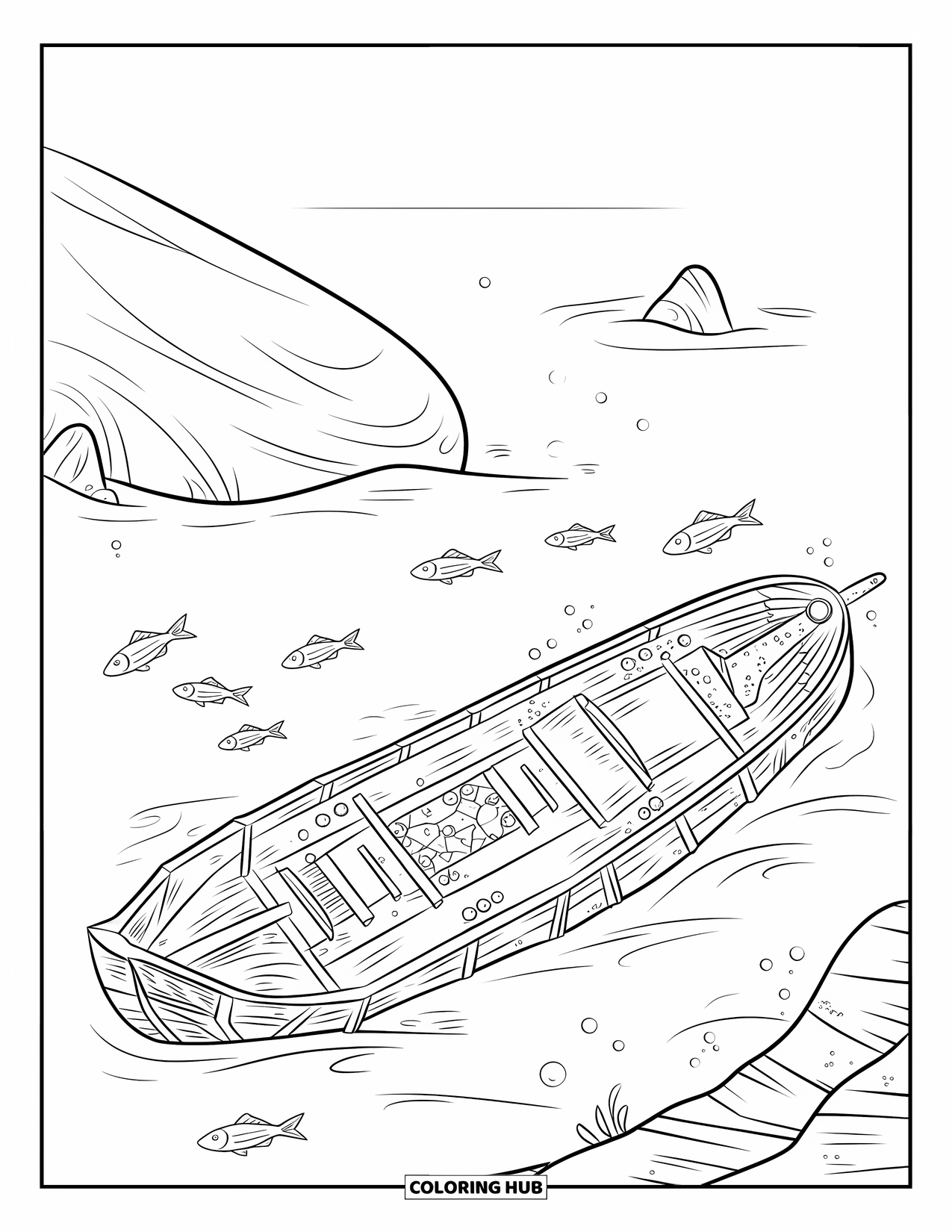 Sea Coloring Page for Kids: Shipwreck on the sea floor with large rocks nearby