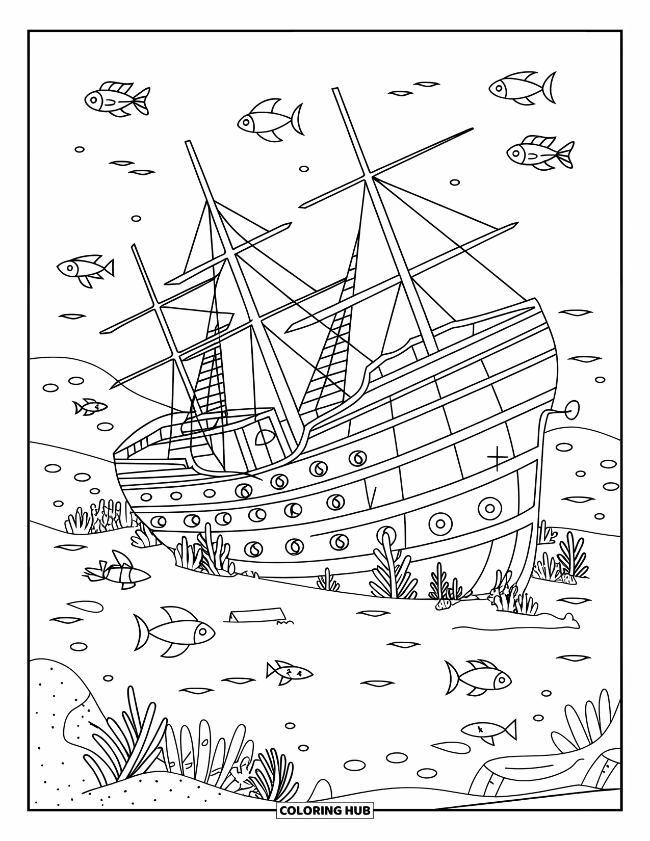 Sea Coloring Page for Kids: Sunken ship with holes, fish, and sea plants around it