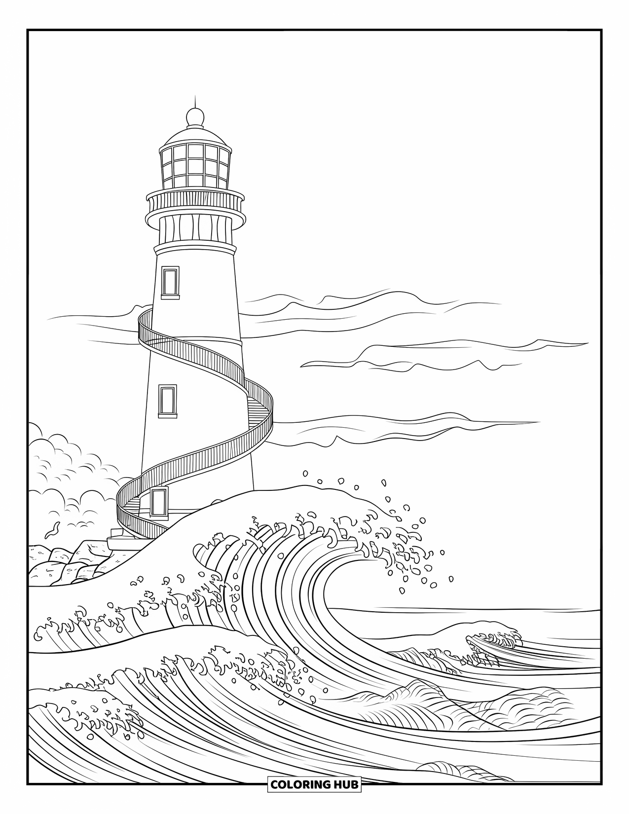 Sea Coloring Page for Kids: Tall lighthouse with waves, rocks, and seagulls nearby