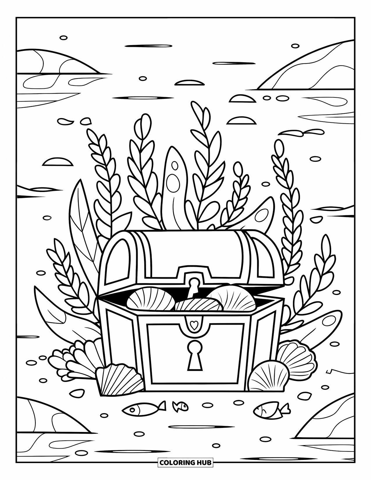 Sea Coloring Page for Kids: Treasure chest with a heart engraving, fish, and shells