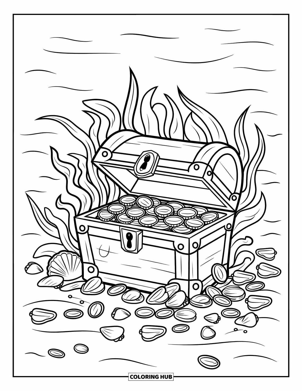 Sea Coloring Page for Kids: Treasure chest with broken lock and coins among seaweed