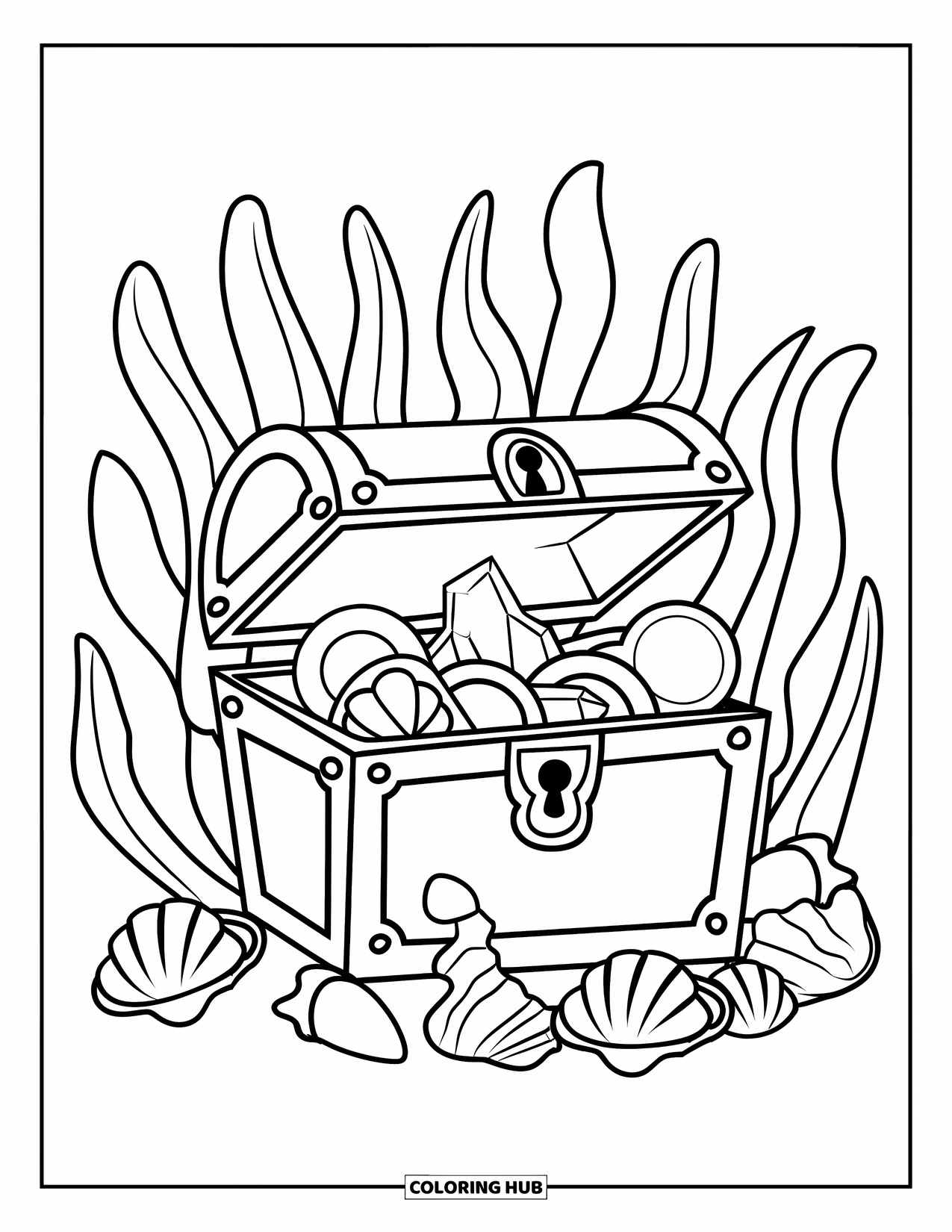 Sea Coloring Page for Kids: Treasure chest with coins, pearls, gems, and seaweed