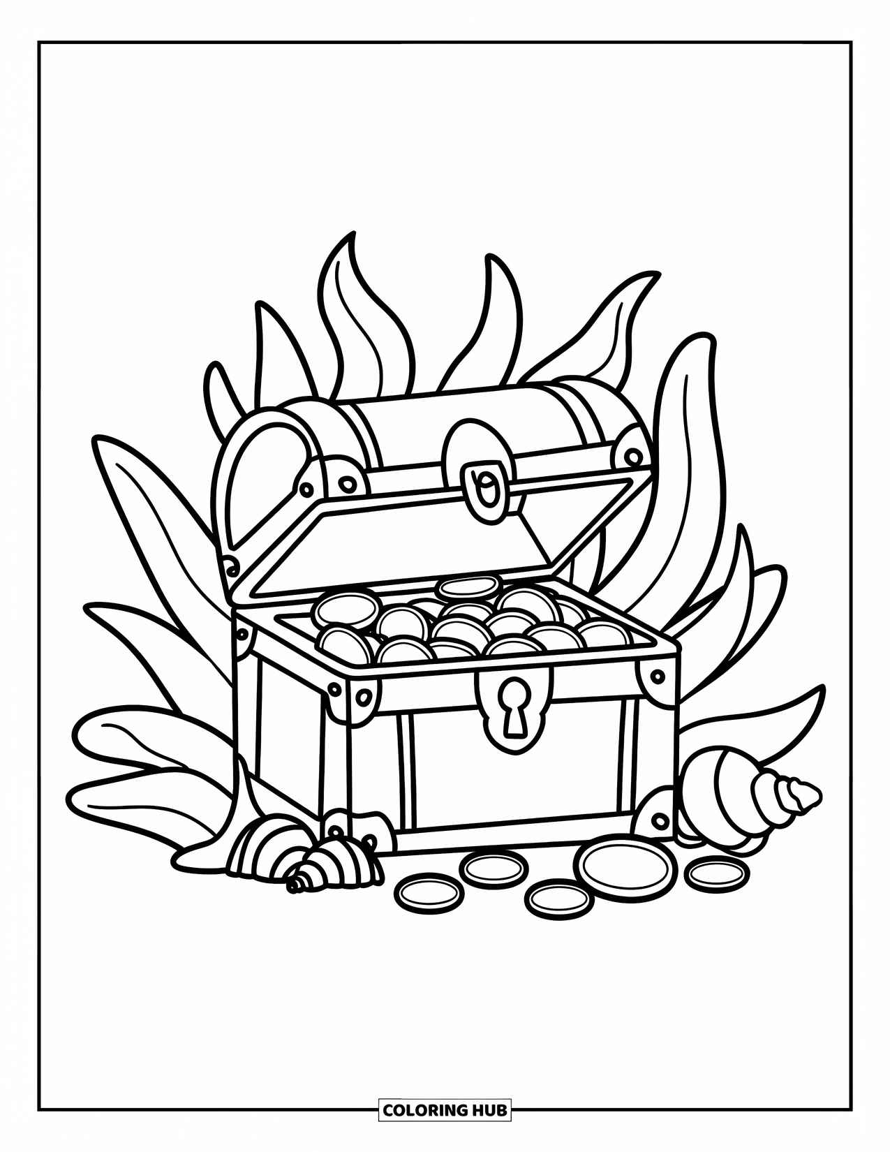 Sea Coloring Page for Kids: Treasure chest with coins surrounded by seaweed and shells