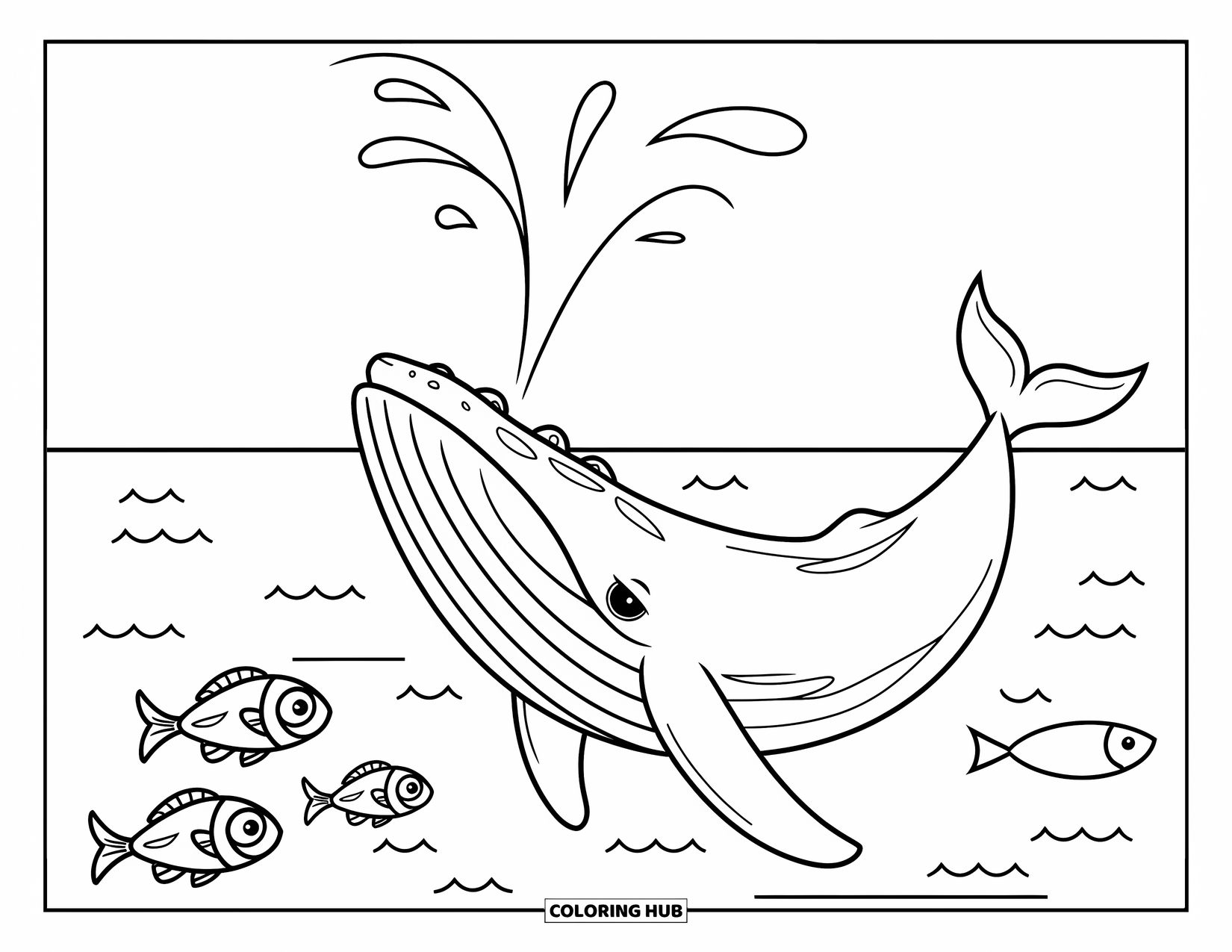 Sea Coloring Page for Kids: Whale with wide mouth and big eyes spouting water